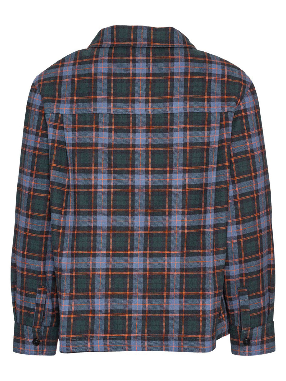 Henrik Vibskov Field Shirt Blue Flannel Checks, flat lay back, showing yoke and collar