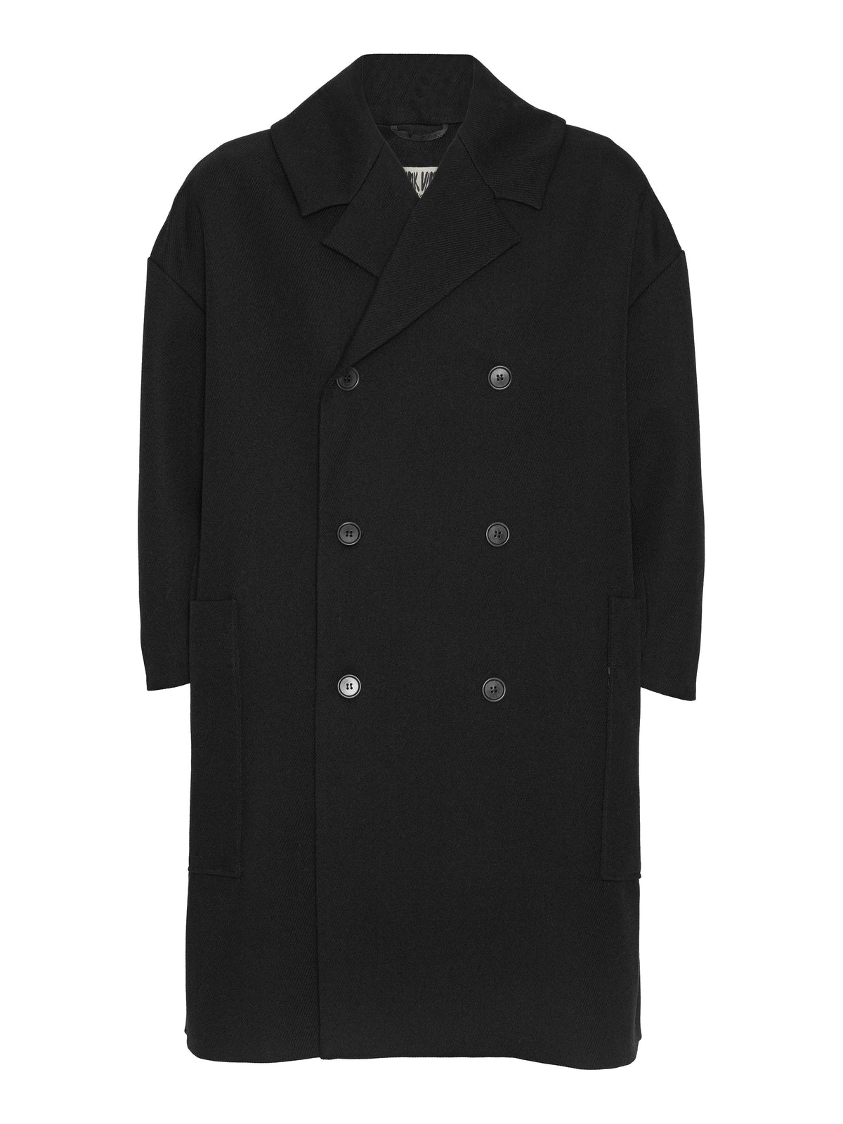 Henrik Vibskov Floating Coat in Black shown from the front, featuring a double-breasted button closure, wide lapels and long oversized silhouette.