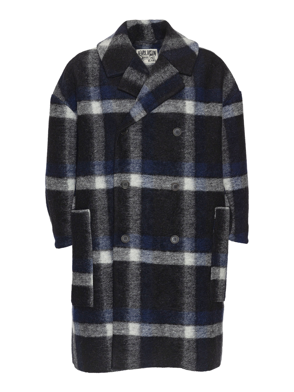 Henrik Vibskov Floating Coat in Dark Blurry Checks with oversized silhouette, blurred check pattern, double-breasted front and large patch pockets.