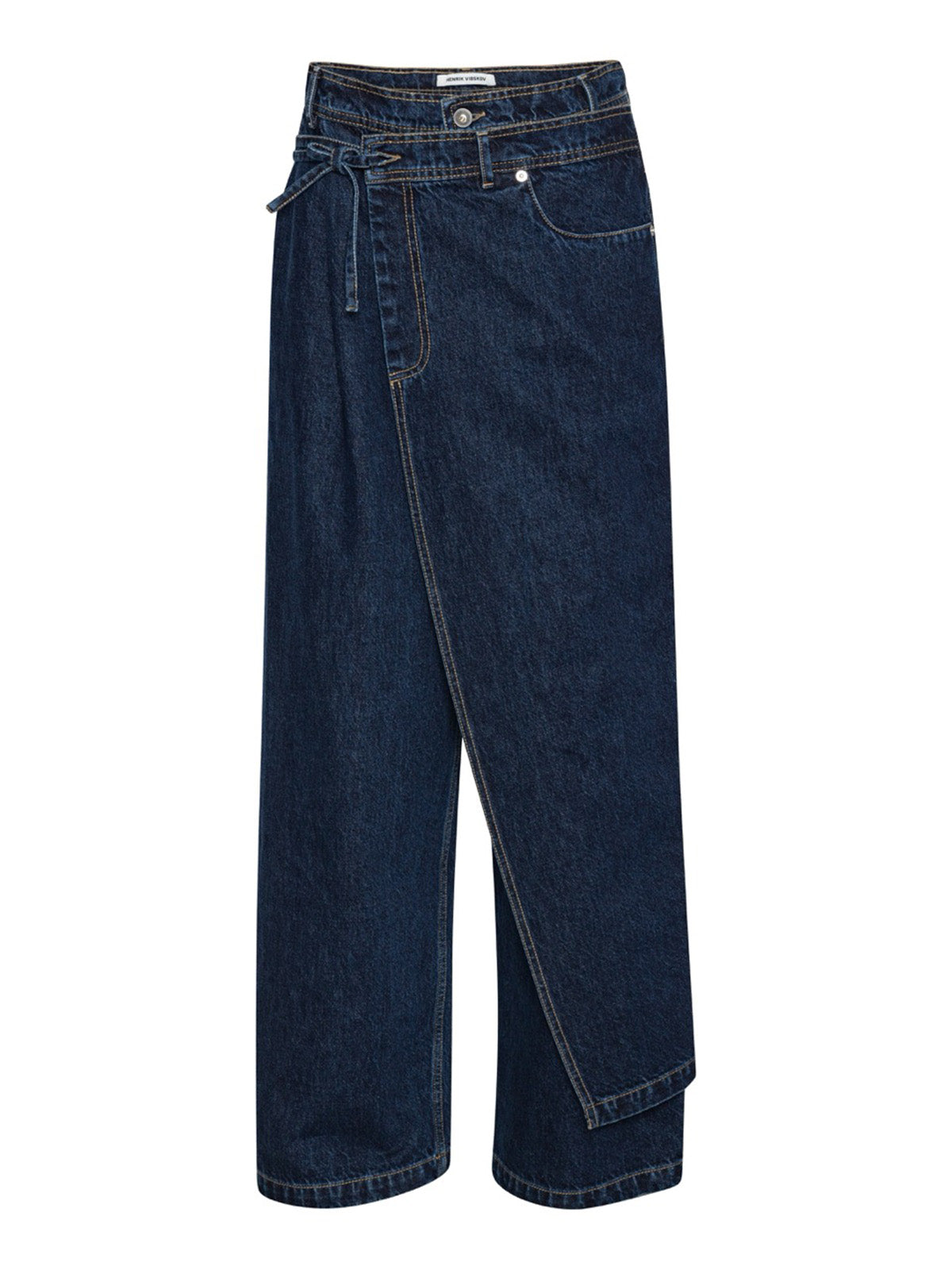 Henrik Vibskov Fly Pants Rinse Denim, flat lay front, dark wash denim trousers with asymmetric wrap front and self-tie waist