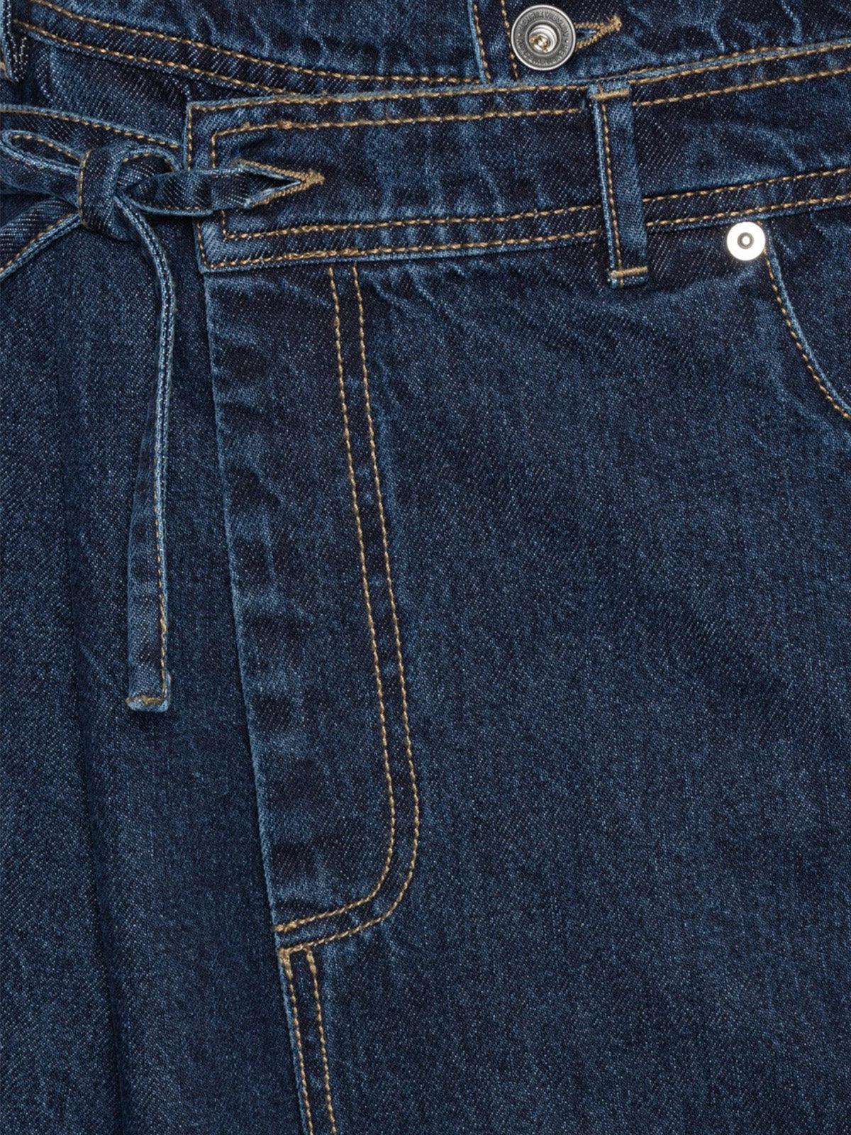 Henrik Vibskov Fly Pants Rinse Denim, close-up detail of waistband, tie closure and contrast stitching