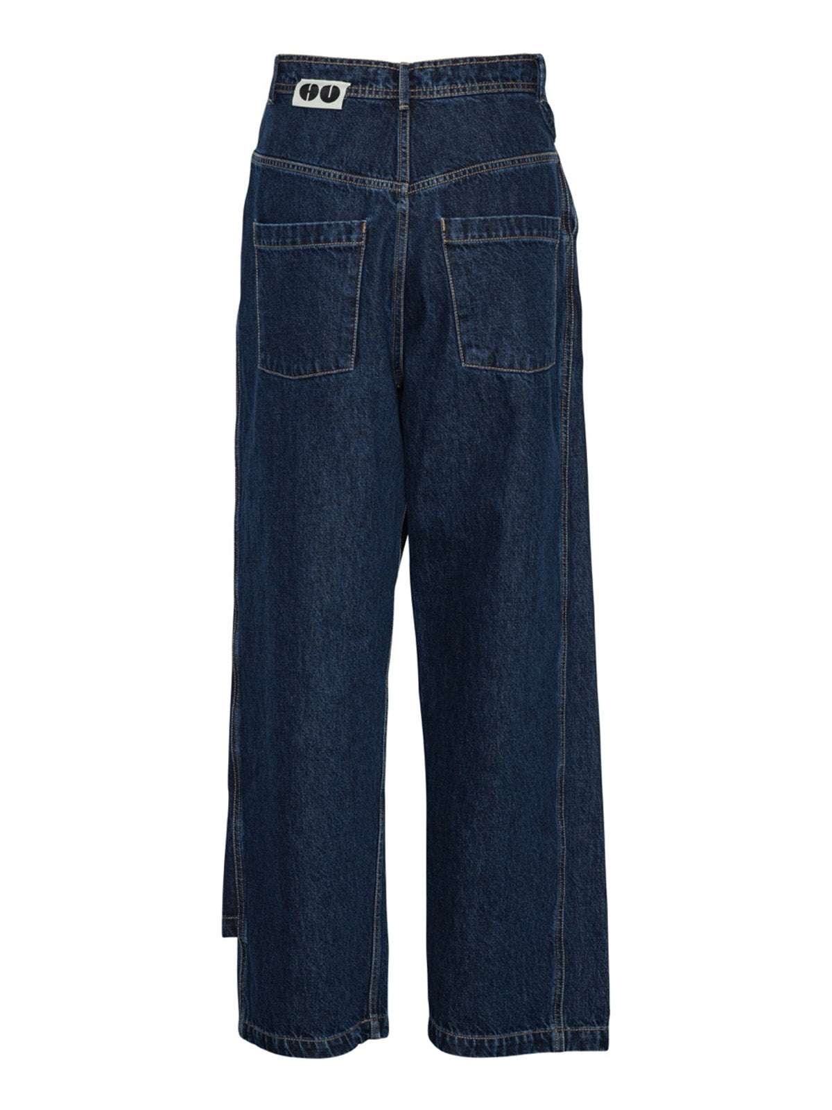 Henrik Vibskov Fly Pants Rinse Denim, flat lay back, showing patch pockets and back yoke