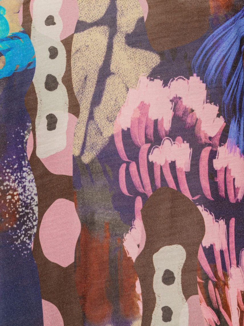 Henrik Vibskov Jersey Cover Tee close-up of Polliwog abstract print, multicolour pattern detail in pink, brown, blue, teal and white on jersey fabric