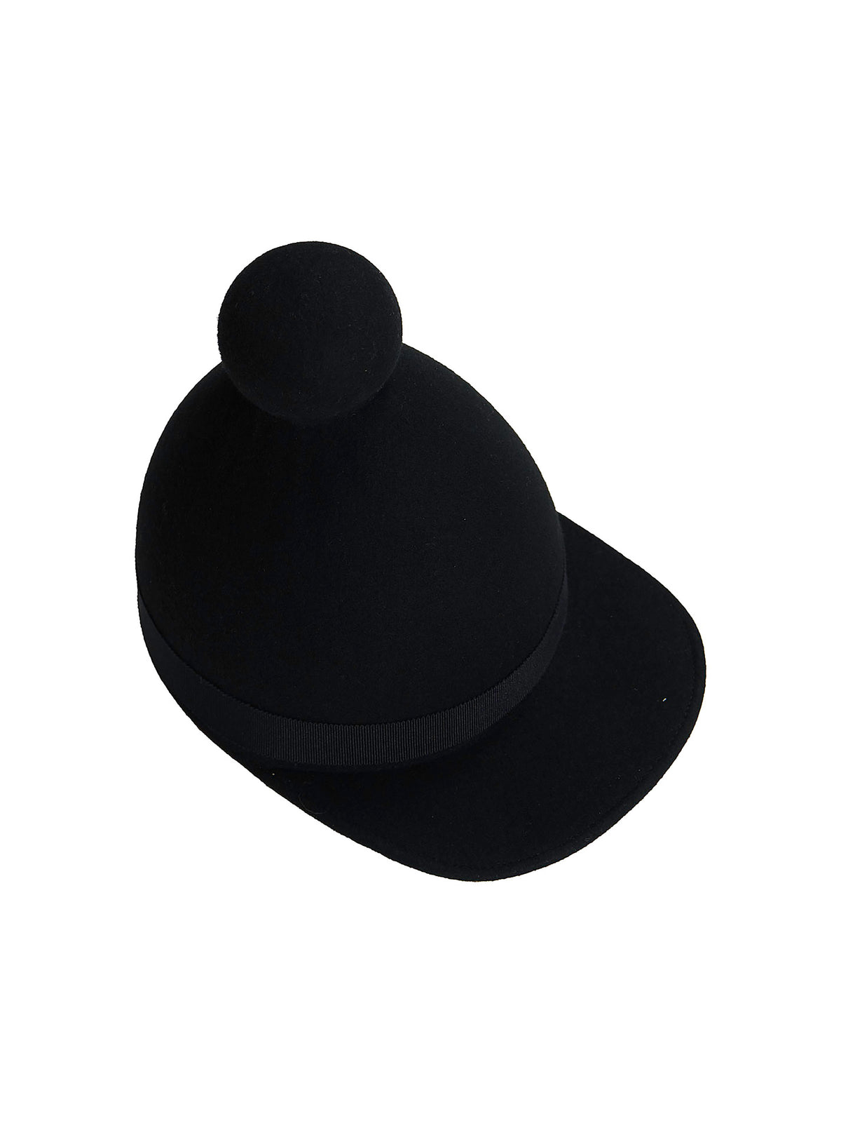Henrik Vibskov Jockey Cap in Black shown from above, featuring a rounded felt crown, pom-pom detail, curved brim and grosgrain band.