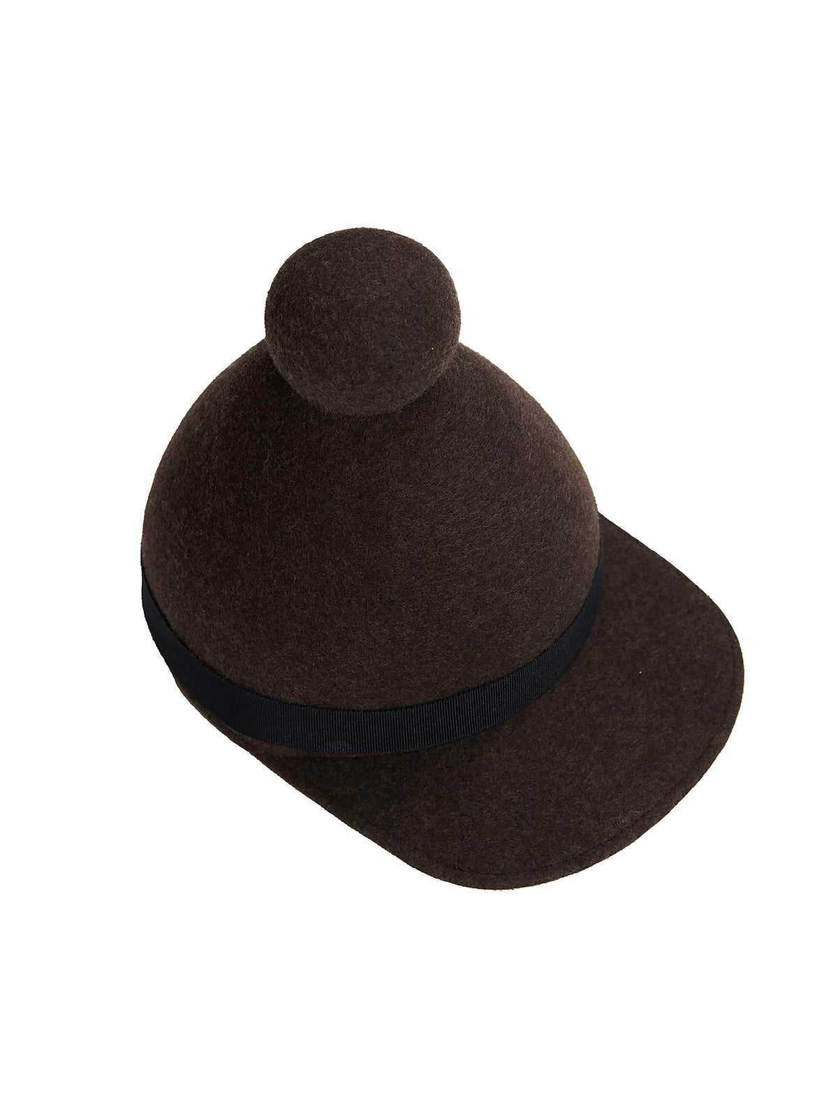 Henrik Vibskov Jockey Cap in Brown shown from above, featuring a rounded felt crown, pom-pom detail, curved brim and contrast band.
