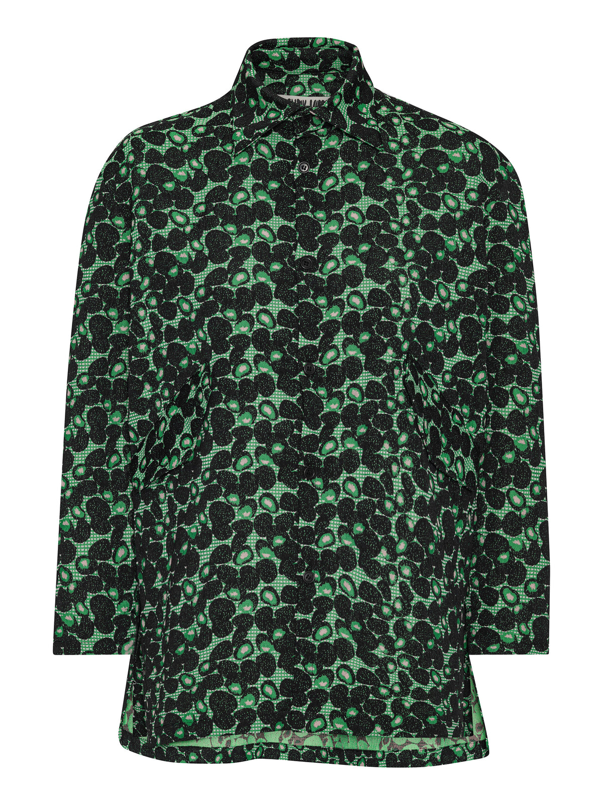 Henrik Vibskov Love You Blouse in Dark Green Berries shown from the front, featuring a textured berry pattern, classic collar and longline silhouette.