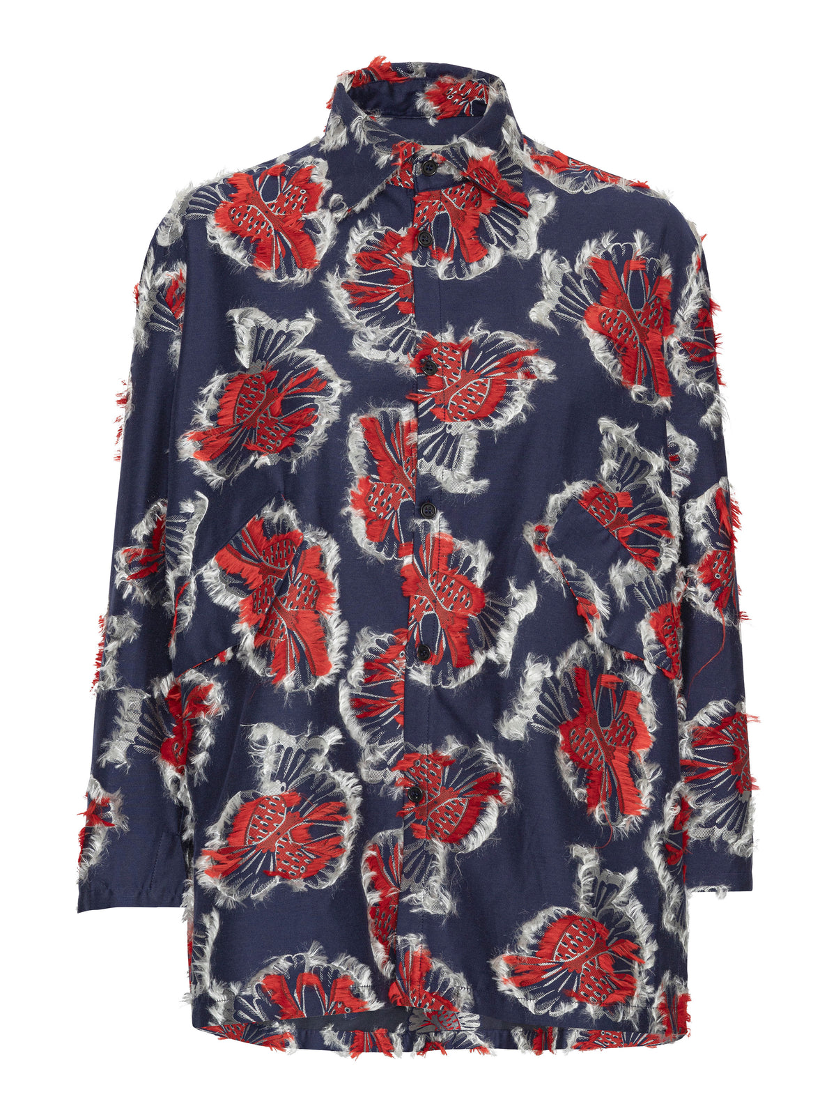 Henrik Vibskov Love You Blouse in Red Navy Birdy shown from the front, featuring a textured bird motif, classic collar and button fastening.