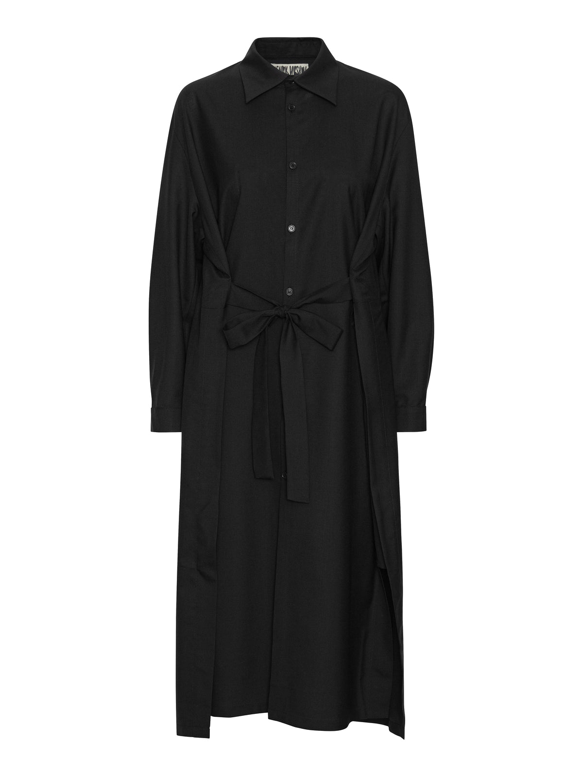 Henrik Vibskov Love You Dress in Black with long shirt-dress silhouette, pointed collar, button front and waist tie belt.