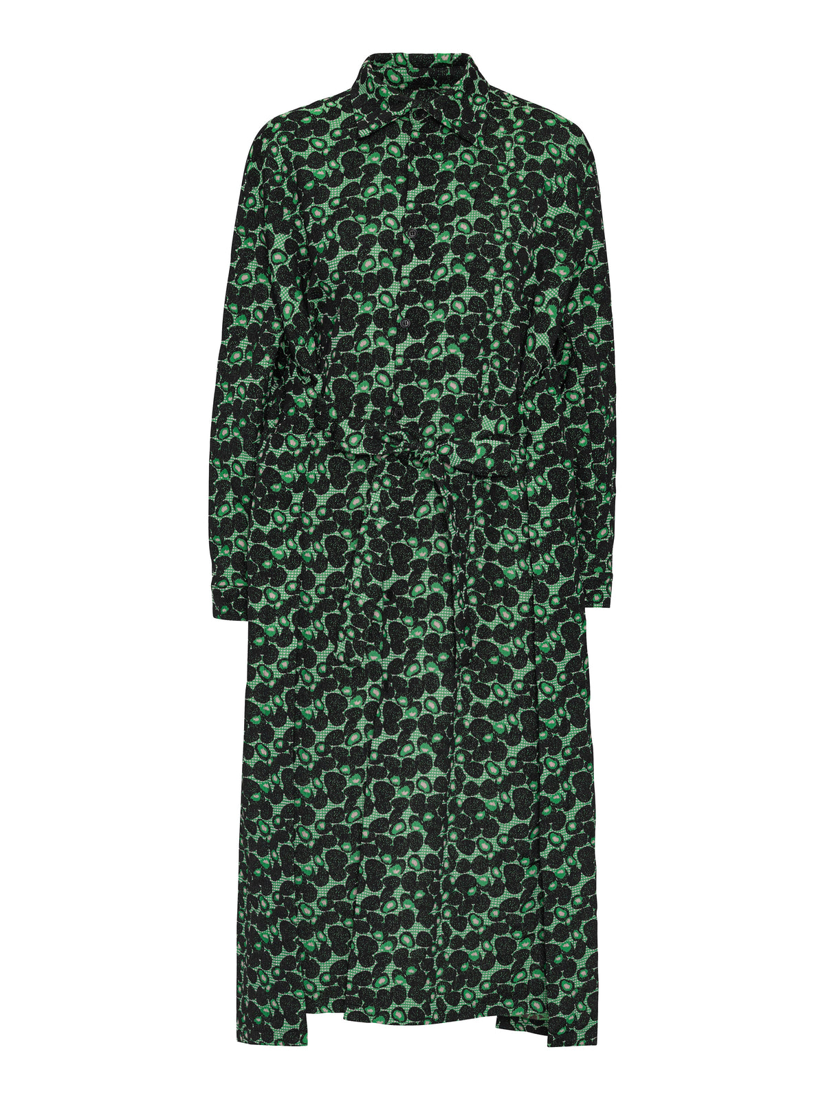 Henrik Vibskov Love You Dress in Dark Green Berries with long shirt-dress silhouette, all-over berry pattern, pointed collar and waist tie belt.