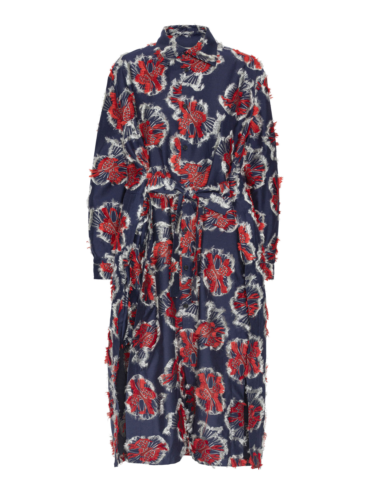Henrik Vibskov Love You Dress in Red Navy Birdy with bird jacquard, shirt dress silhouette, button front, waist tie and raised textured detailing. ID: ARCHIVE-F302