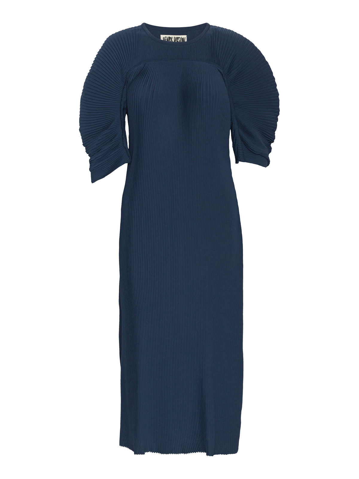 Henrik Vibskov Lupu Plisse Dress in Dress Blues shown from the front, featuring a pleated midi silhouette and sculptural sleeves.
