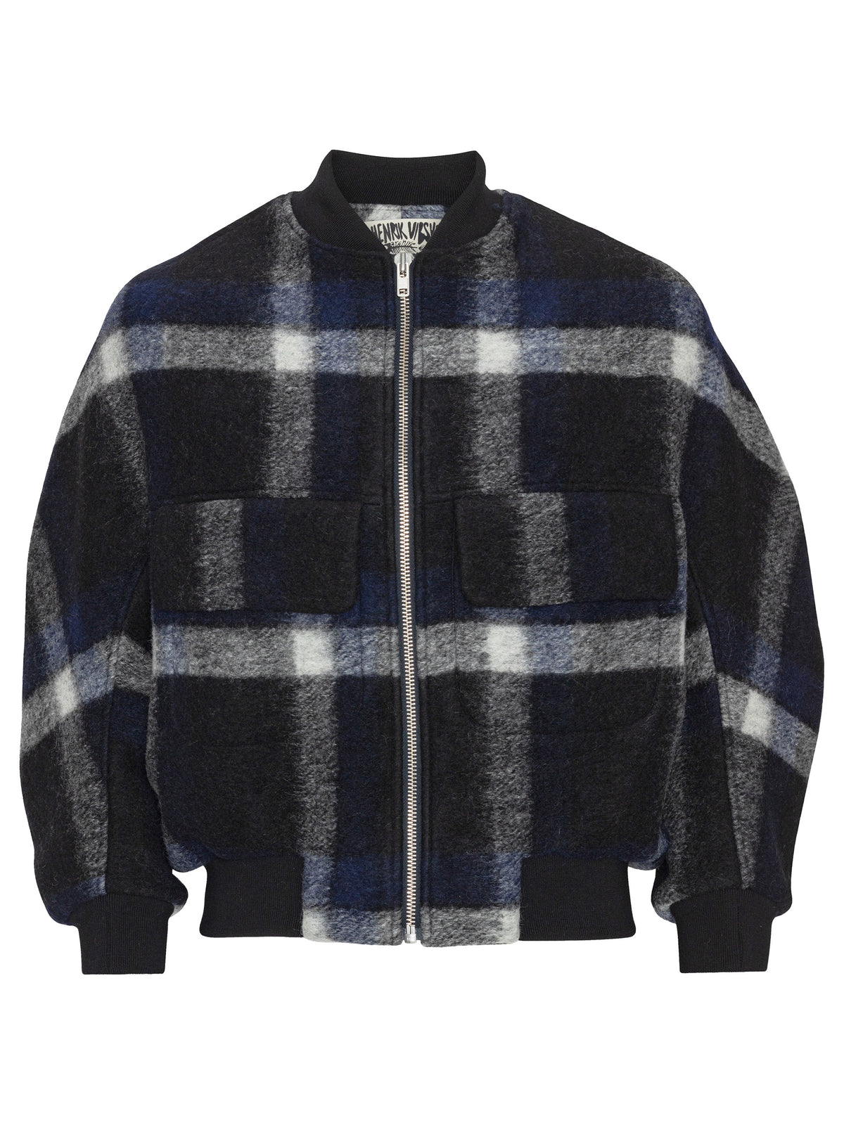 Henrik Vibskov Merry Bomber shown from the front, featuring a blurred check pattern, zip fastening, flap pockets and ribbed trims.
