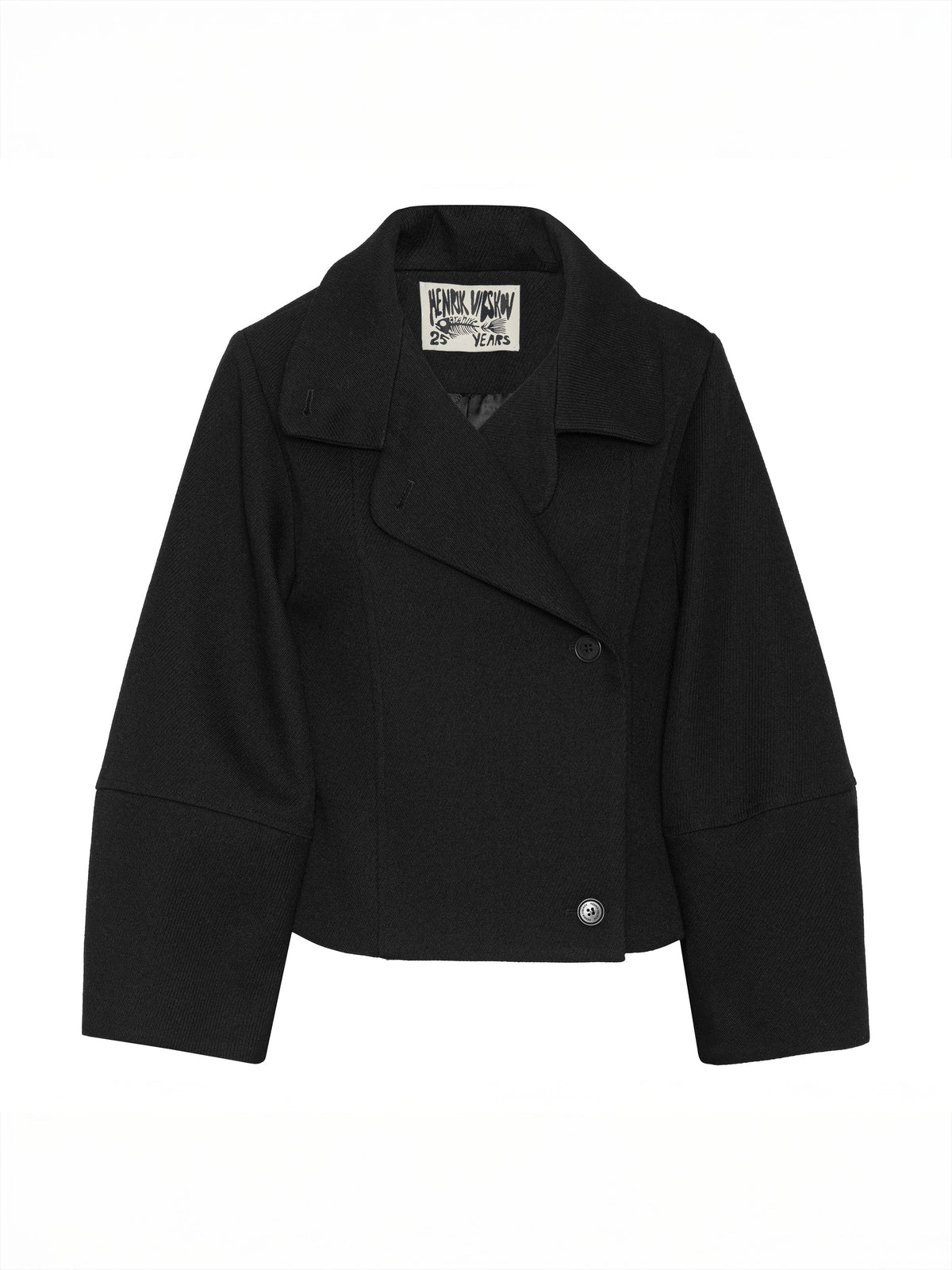Henrik Vibskov Moon Short Jacket in Black shown from the front, featuring an oversized lapel collar, asymmetric button fastening and wide sleeves.