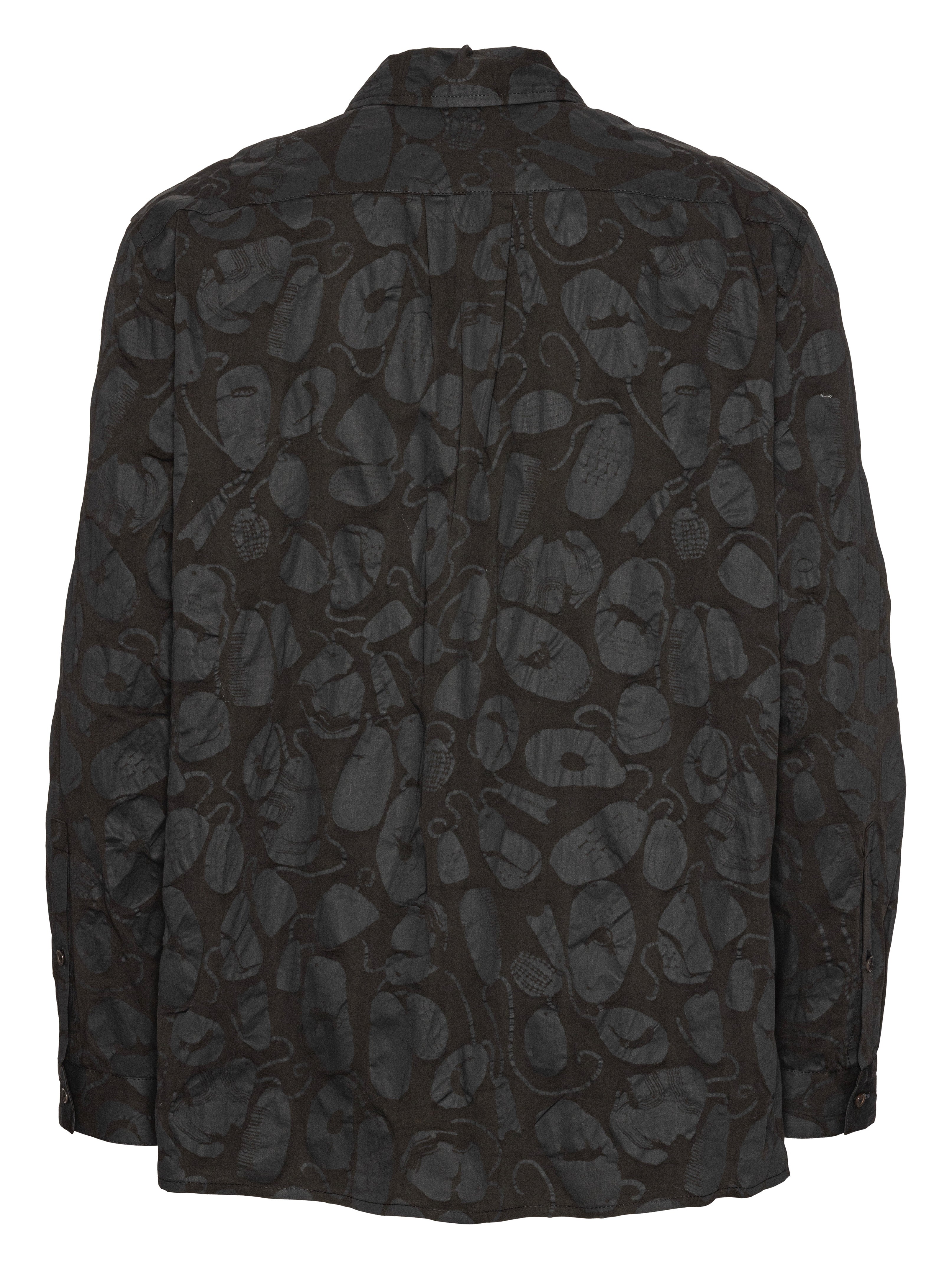 Back view of the Henrik Vibskov New Blou Shirt in Black Amulets, showing the tonal amulets pattern, long sleeves, and straight hem.