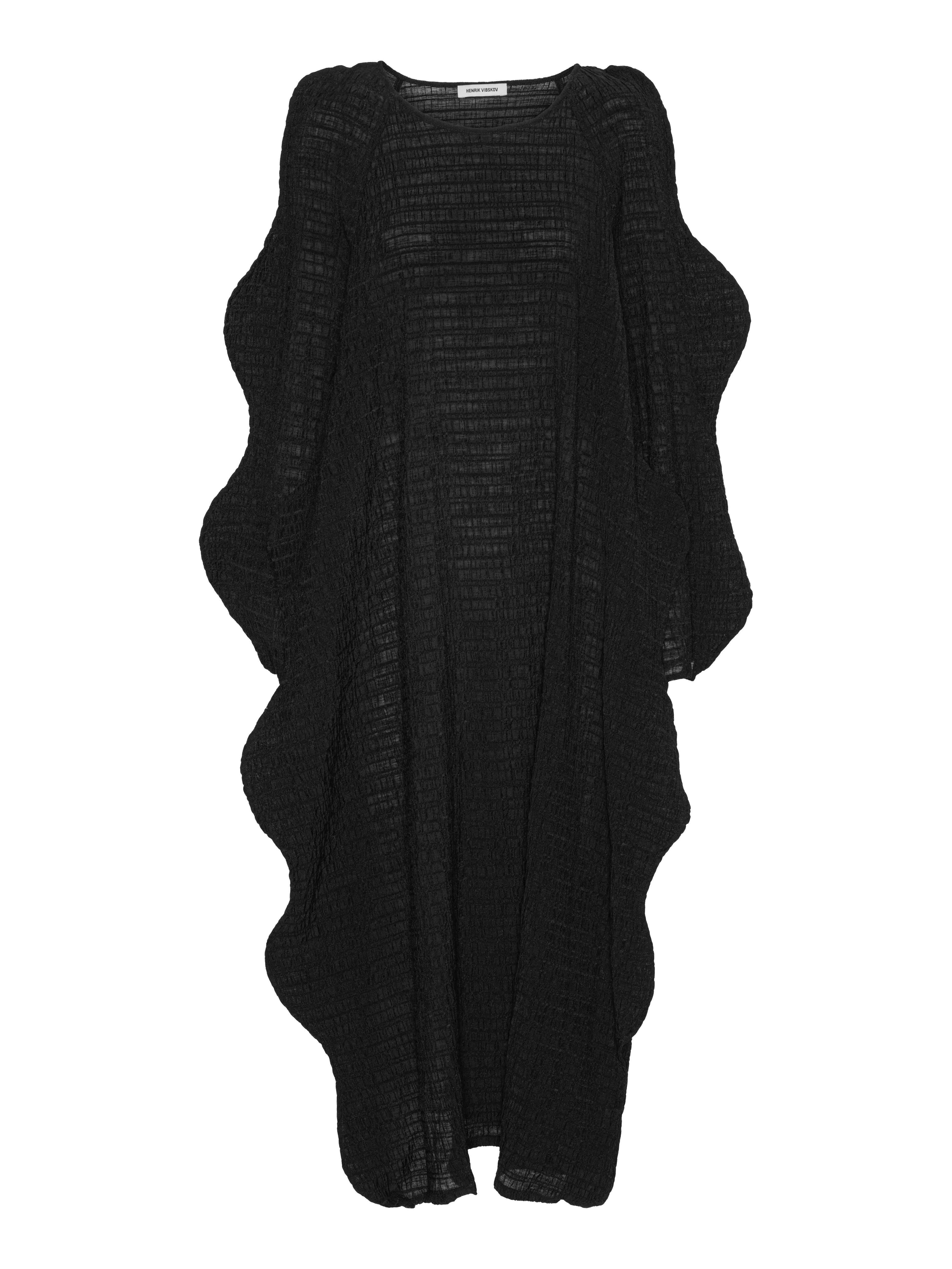 Octo Dress in Black black checkered textured fabric dress with boat neck and curved long sleeves, front view – Henrik Vibskov Spring/Summer 2026 Key Collection