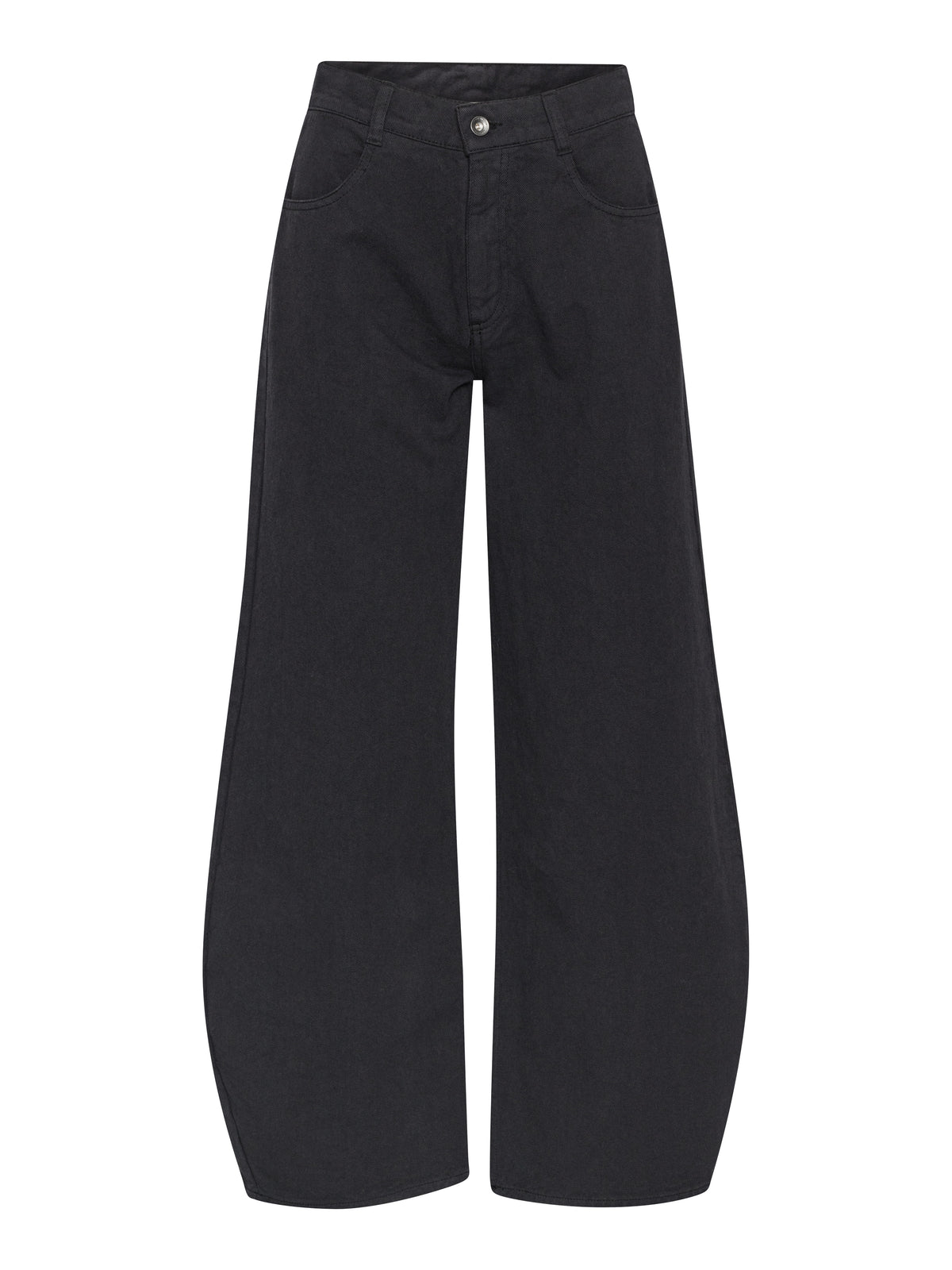 Henrik Vibskov Pipette Pants Anniversary in Black, front view showing a wide curved leg, structured waistband and five-pocket styling.