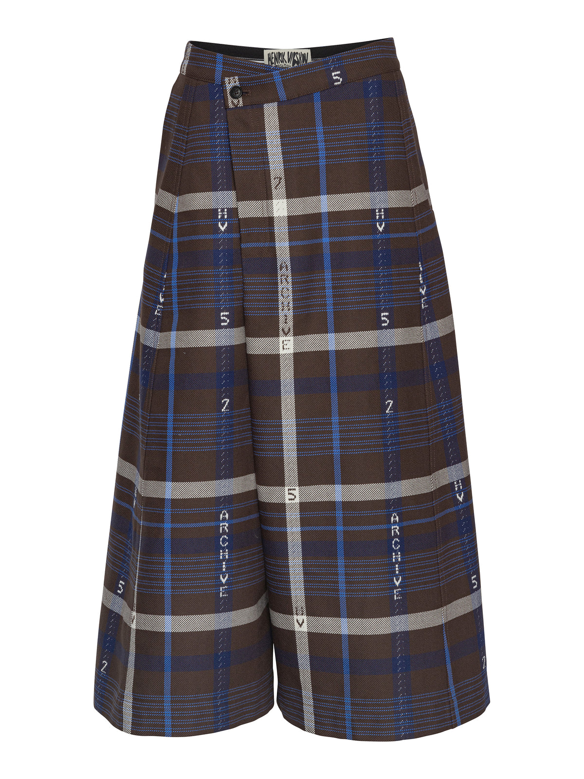 Henrik Vibskov Pound Pants in Brown Navy Archive organic cotton with wide cropped legs, front pleats, structured waistband and archive check pattern