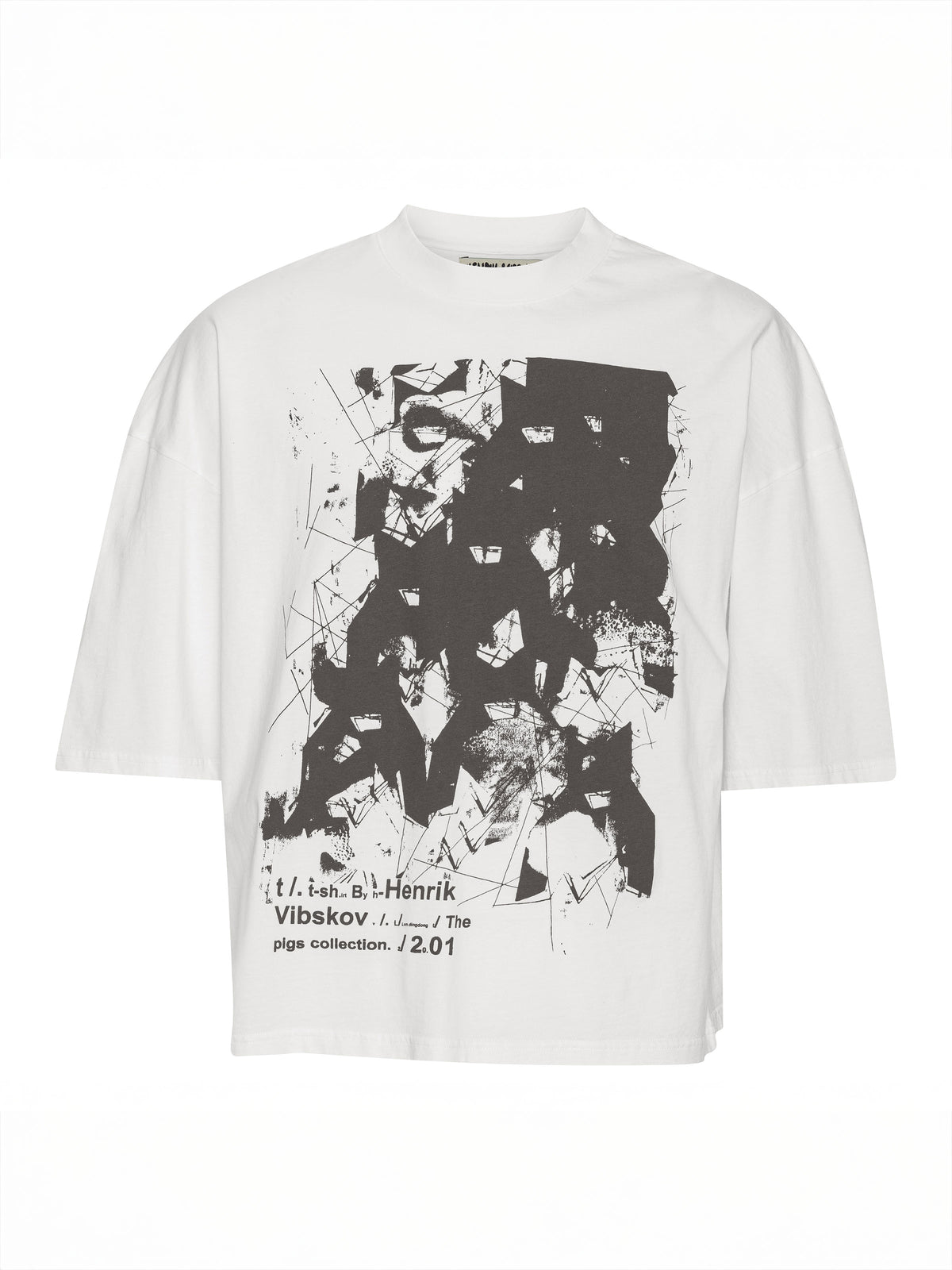 Henrik Vibskov Punk Graduation Tee in Cloud shown from the front, featuring a black archive graphic print, round neck and oversized short-sleeve silhouette.