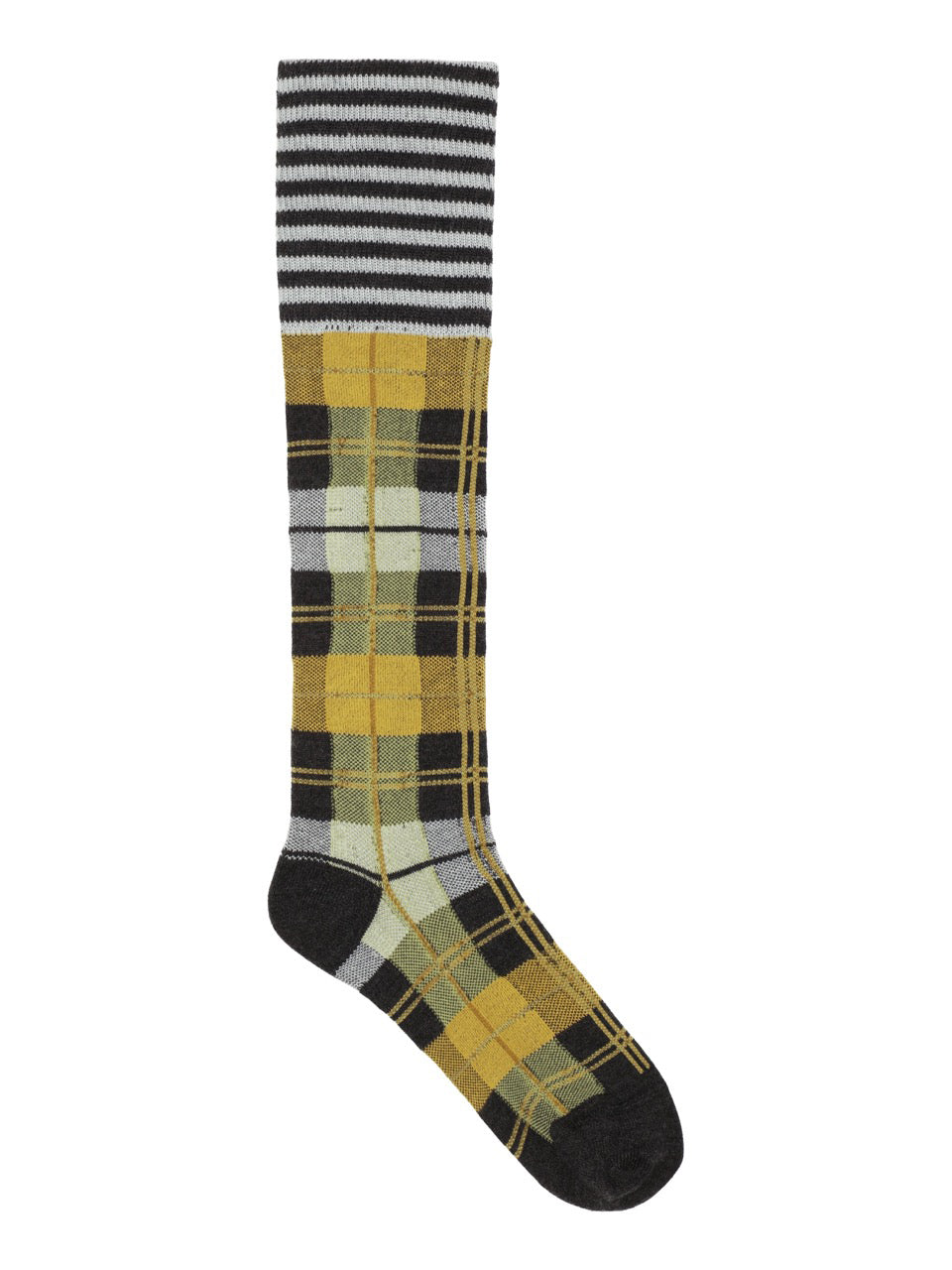 Henrik Vibskov Ribbit Knee Sock in grey black dashed checks with mustard yellow check pattern, striped ribbed cuff and contrast heel and toe