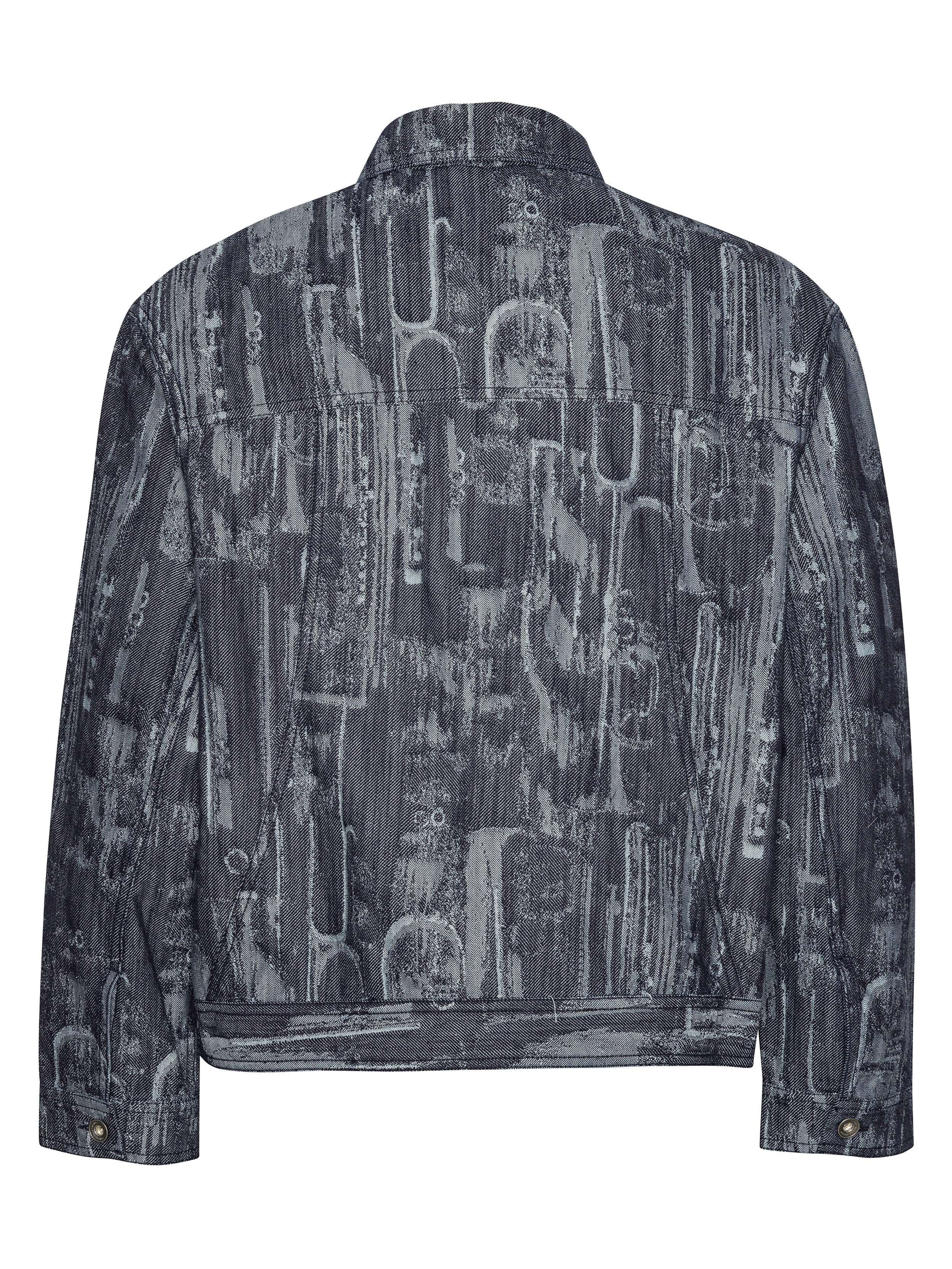 Back view of the grey-blue denim jacket with abstract pattern from Henrik Vibskov on a white background