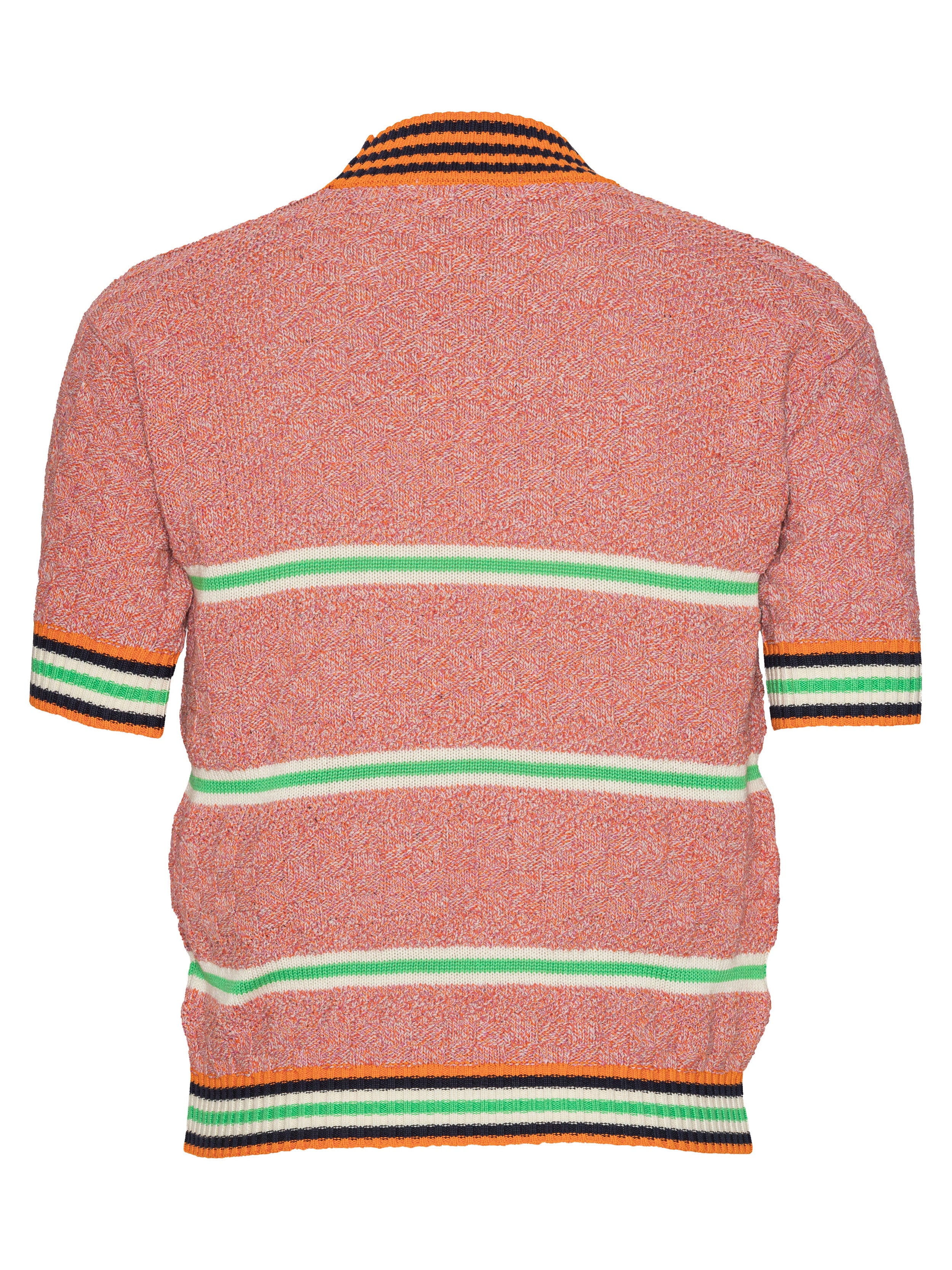 Back view of pink-orange knitted top with stripe details from Henrik Vibskov on a white background.