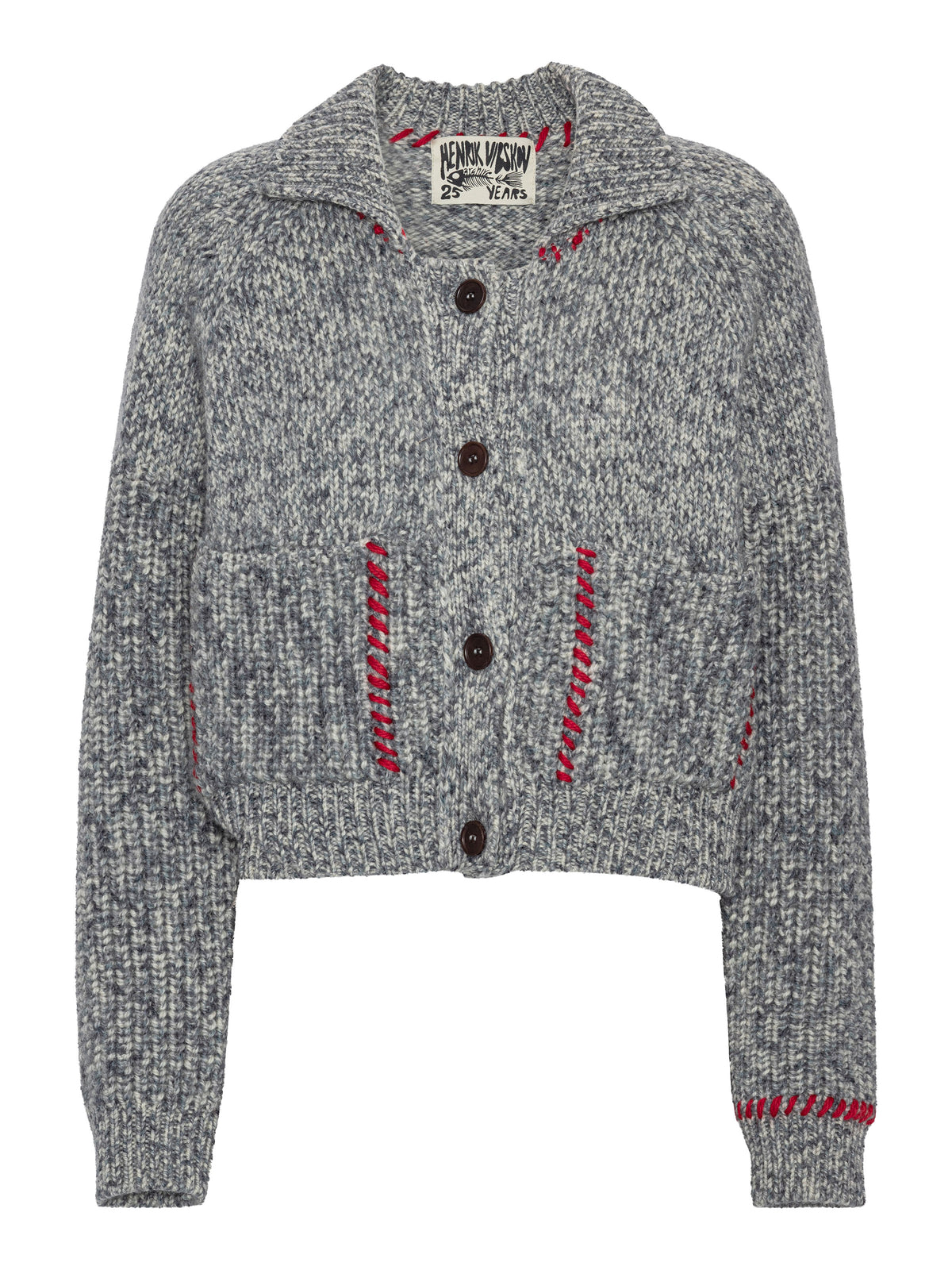 Henrik Vibskov Stitch Cardigan in Red Stitch Grey Melange shown from the front, featuring a chunky knit, wide collar, button fastening and contrast stitching.