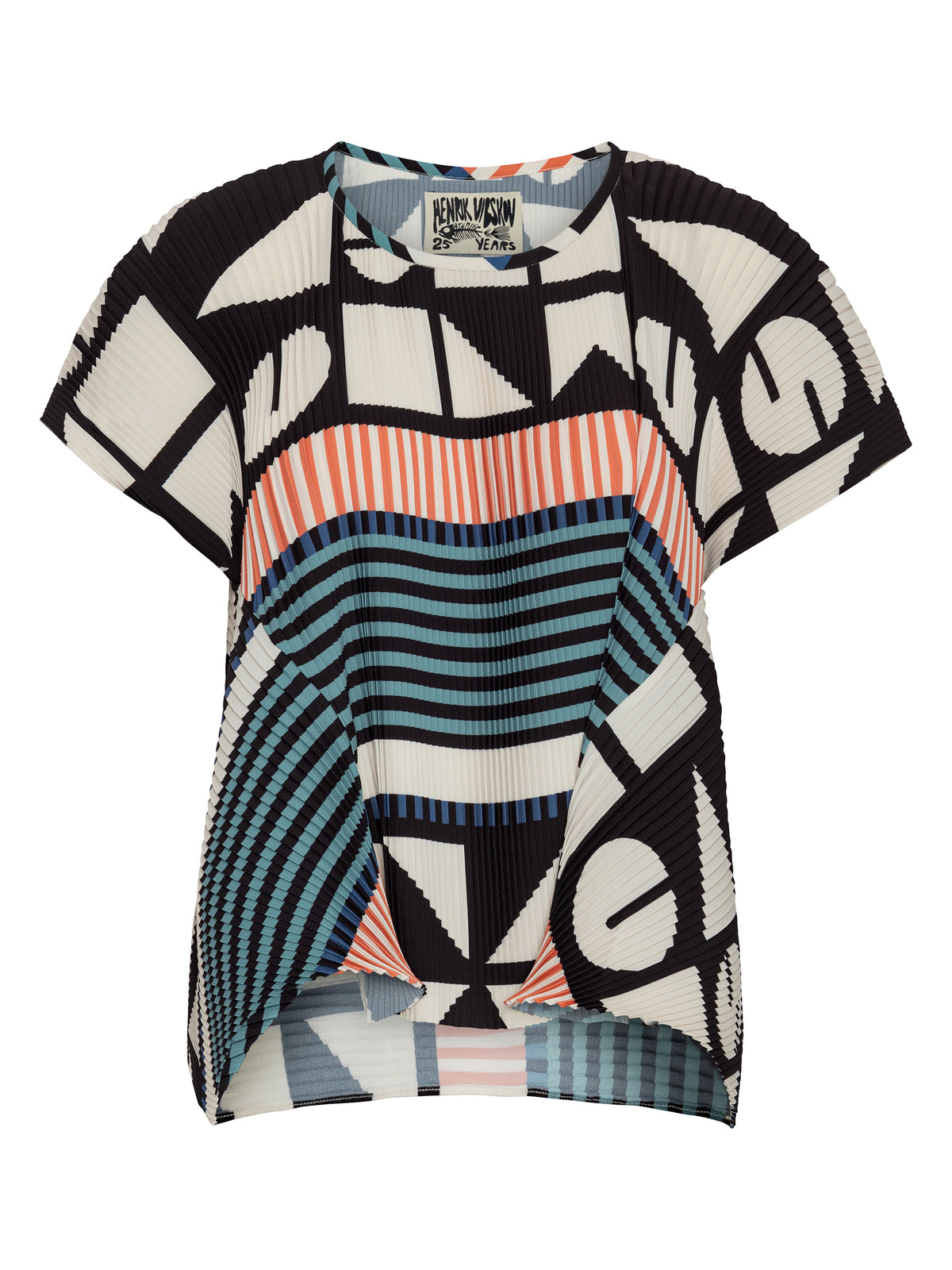 Henrik Vibskov Thumb Plisse Blouse shown from the front, featuring pleated fabric, graphic geometric motifs and asymmetric striped panels.
