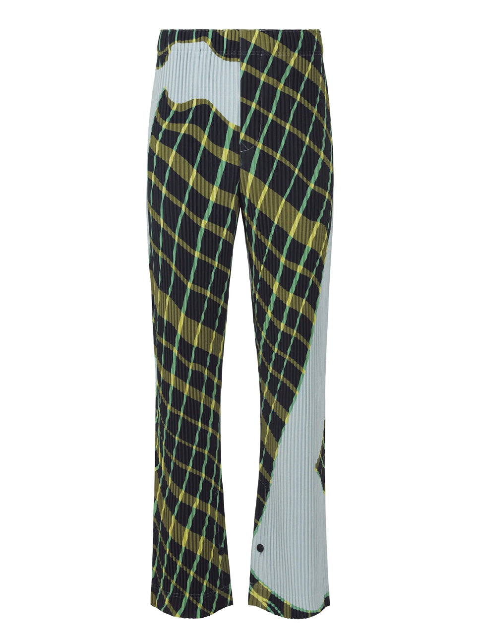 Plaid patterned pants with a wavy stripe on a white background