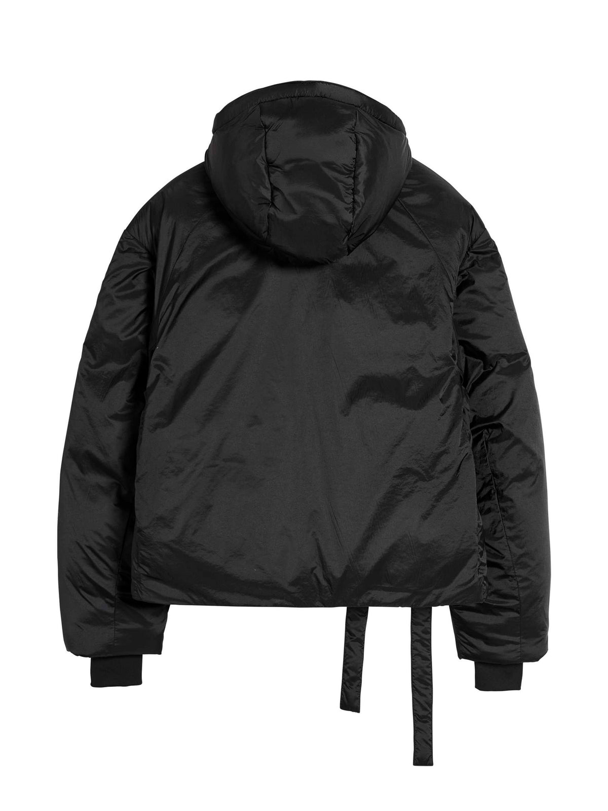 Y-3 Hooded Puffer Jacket in Black - flat back view showing oversized puffer silhouette with hood and belted waist detail