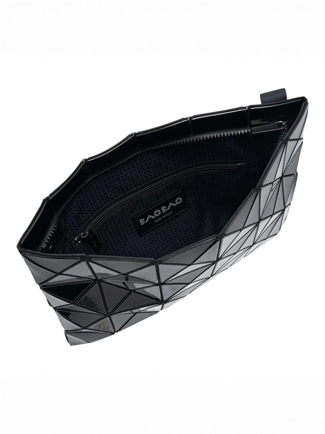Open view of the Bao Bao Issey Miyake August AW26 Lucent Shoulder Bag 4x6 in Black showing the zip closure, main compartment and internal zip pocket