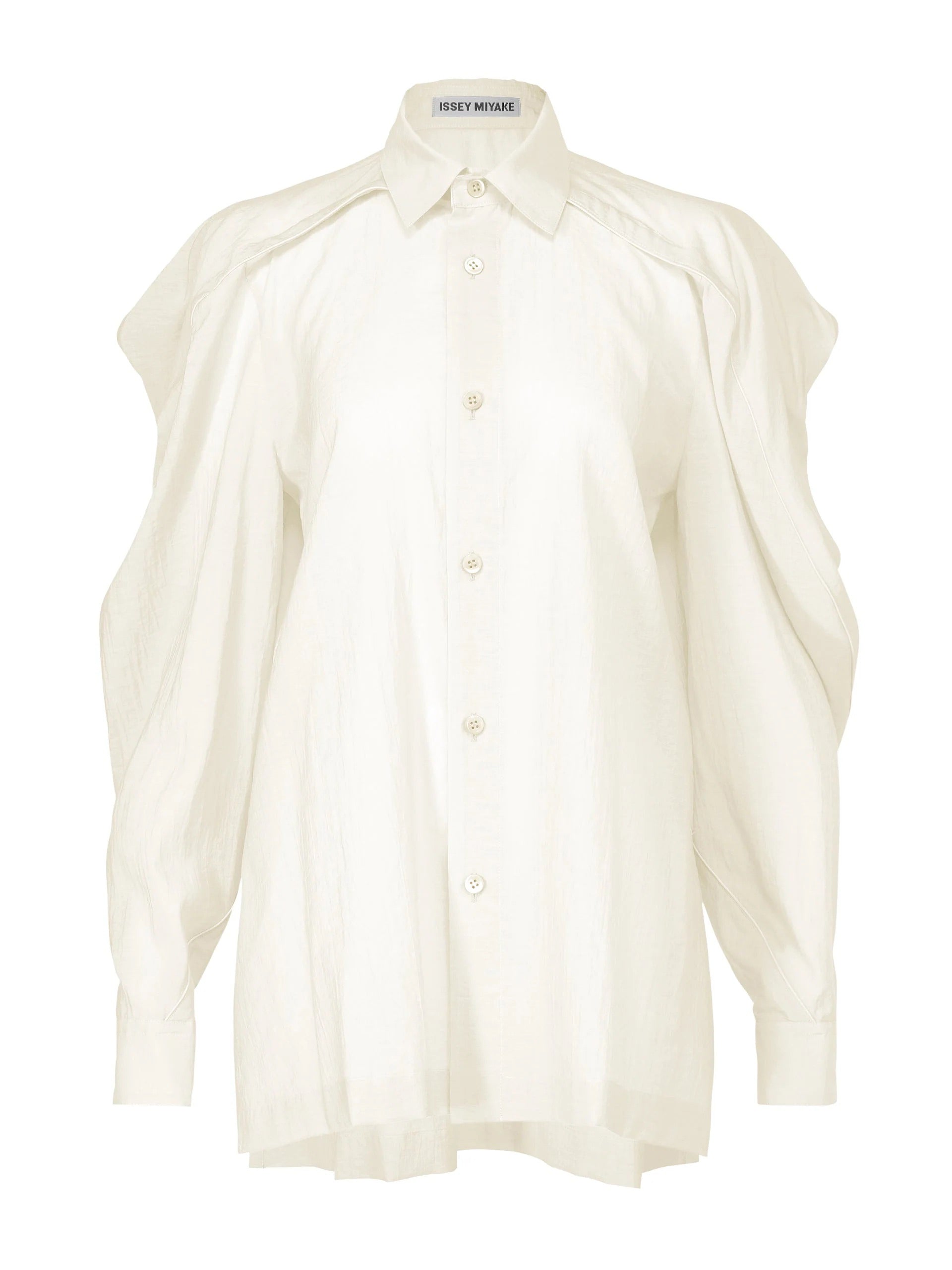 March SS26 R Shirt Sheer in White white sheer oversized shirt with dramatic draped sleeves, classic collar and front button closure – Issey Miyake Mainline