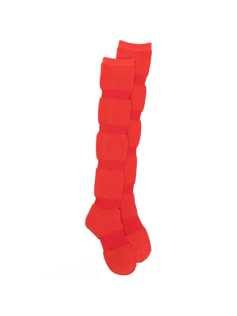 Issey Miyake October AW25 Pumped Socks Long in red, over-the-knee style with ribbed and panelled design.