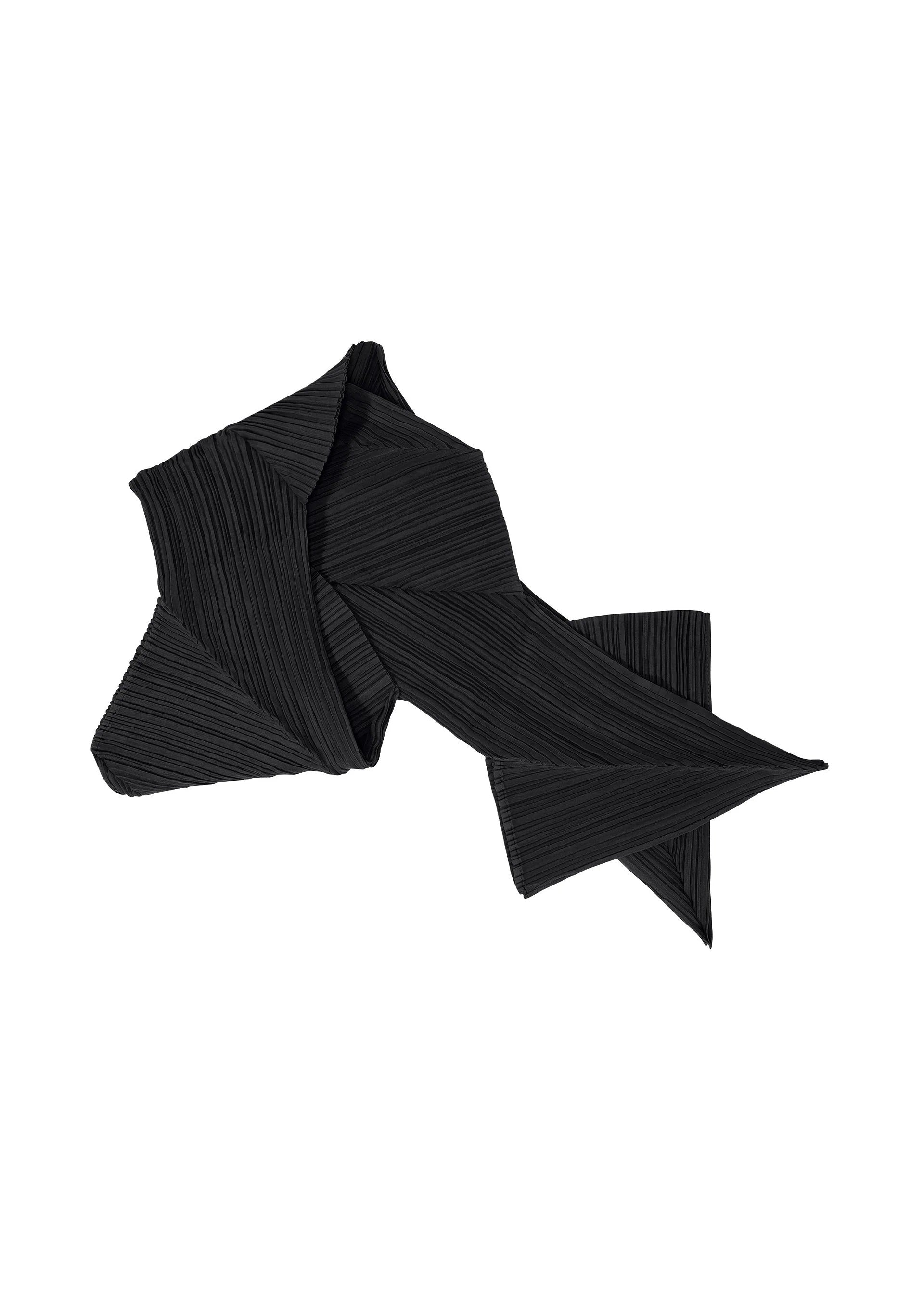 Issey Miyake Pleats Please April SS26 Zigzag Scarf Stole in Black, draped flat lay showing full zigzag pleated silhouette and sheer pleated fabric, Spring/Summer 2026 Collection