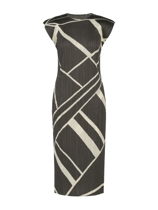Pleats Please Issey Miyake Fold Line Dress in Charcoal, pleated midi dress with short sleeves and geometric cream line pattern
