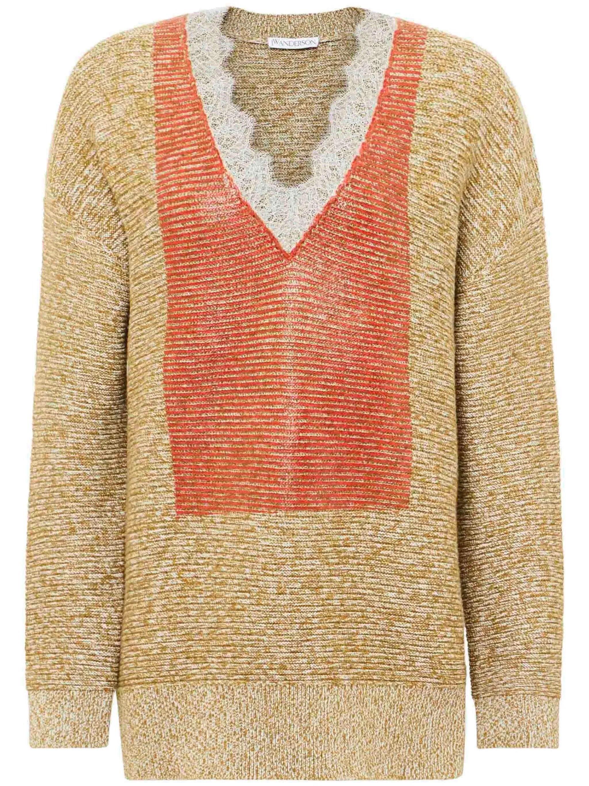 Lace Trim V Neck Jumper in Cobblestone/Red from J.W. Anderson