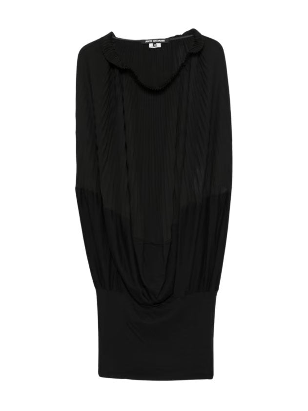 Junya Watanabe black blouse with pleated neckline, draped construction and elongated silhouette, front view.