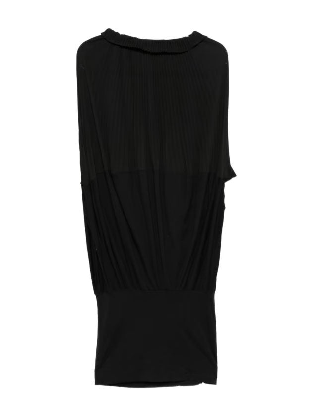 Back view of Junya Watanabe black blouse showing pleated fabric, gathered draping and elongated shape.