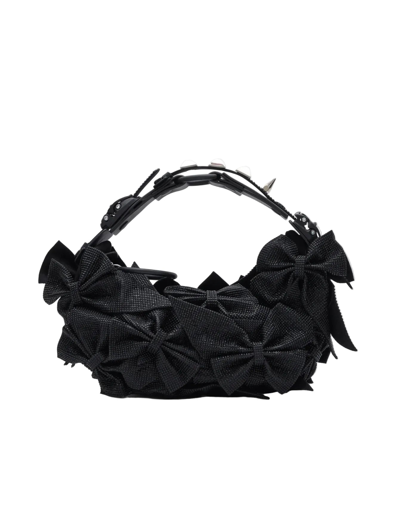 Junya Watanabe Innerraum Bag in Black shown from the front, featuring layered bow embellishments and a sculptural top handle with hardware details.