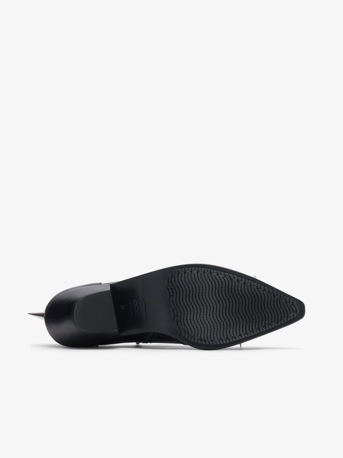 Junya Watanabe Women's Spiked Leather Shoes in Black, sole view showing the black outsole and pointed silhouette.