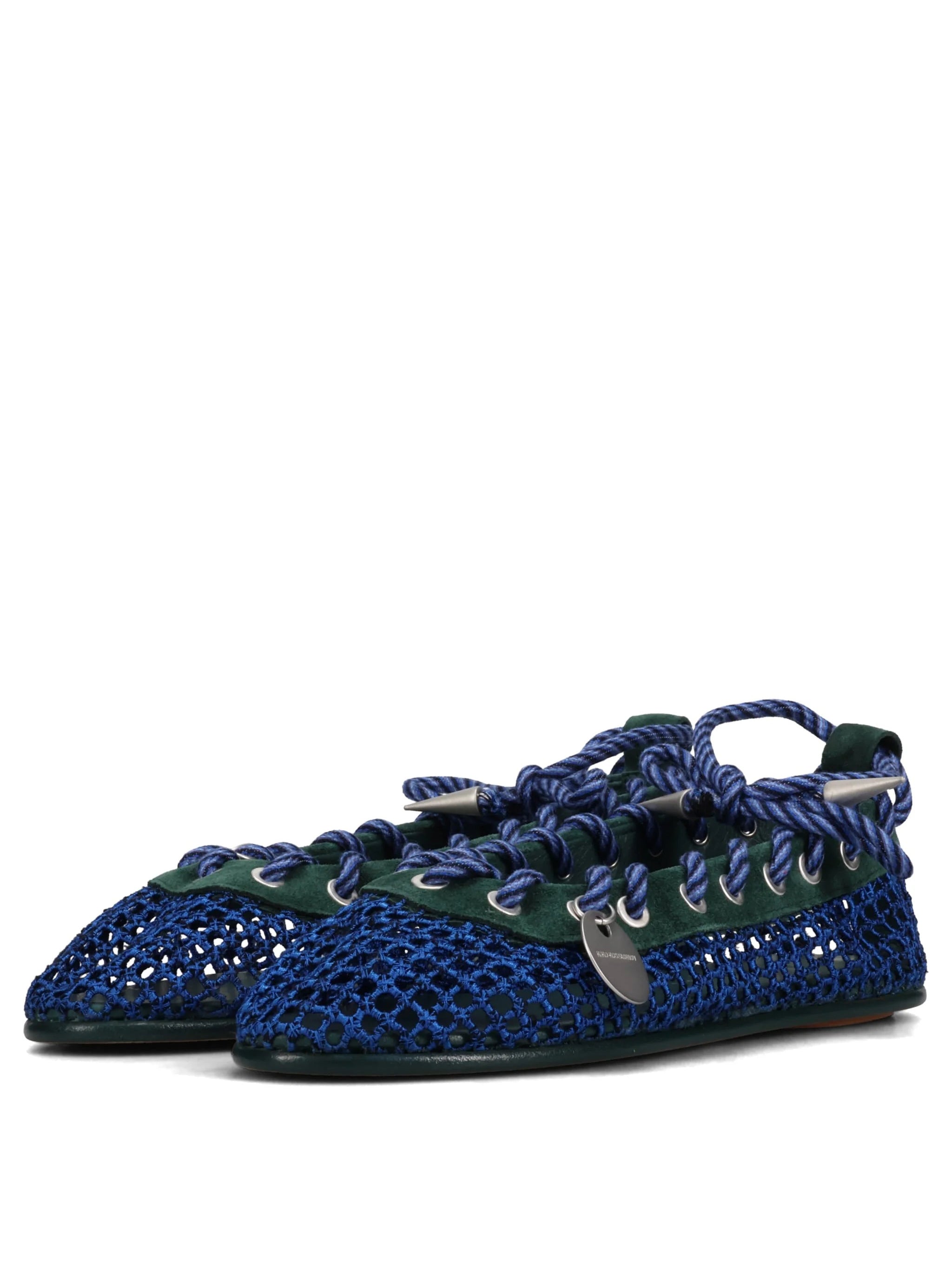 Kiko Kostadinov Reticella Ballerina in Sapphire, front three-quarter pair view, sapphire blue viscose mesh embroidery, silver eyelet lace-up detail, green suede contrast trim