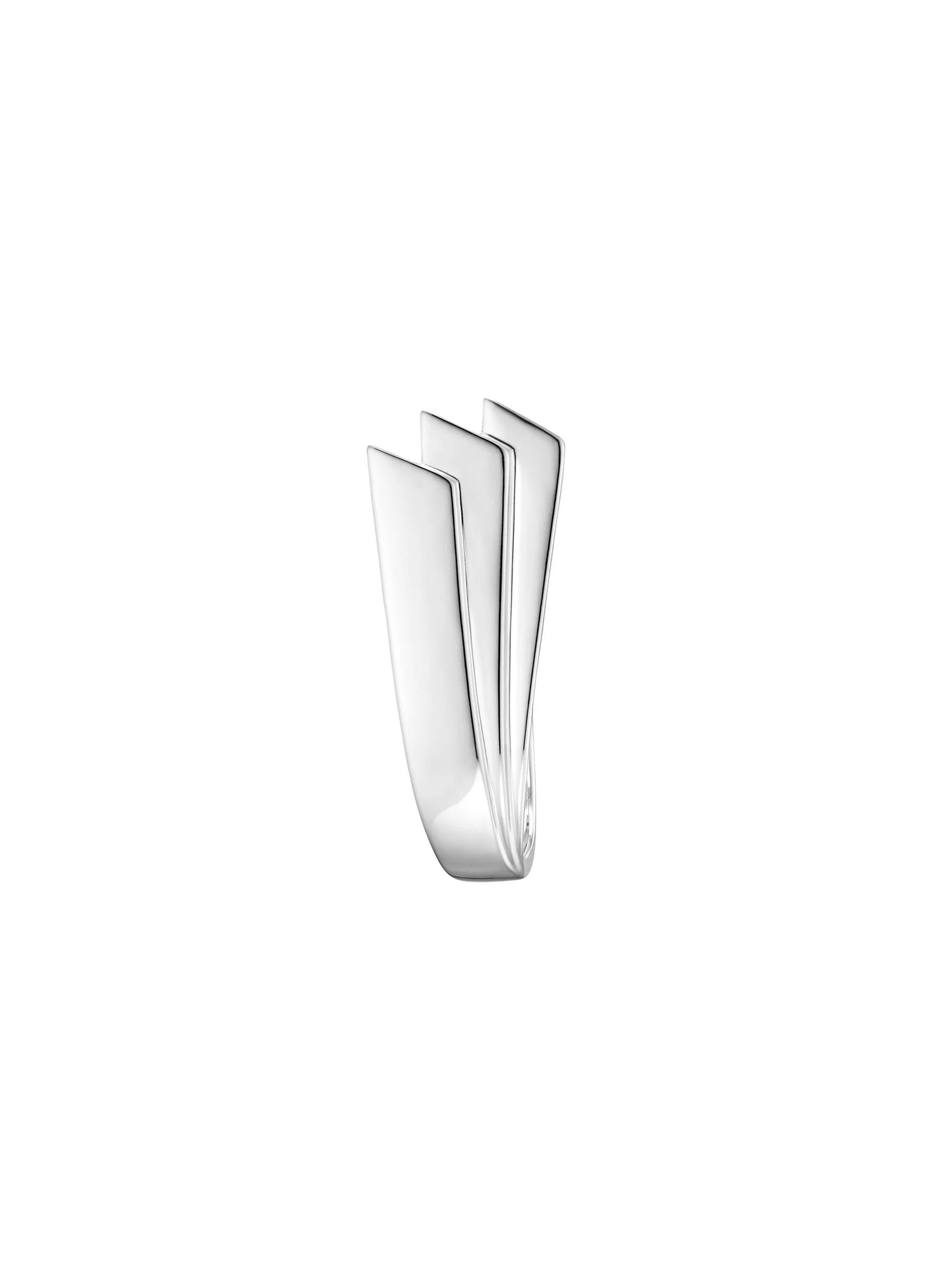 Front view of Kinraden Symmetry Earring in silver with sculptural folded form and handmade polished finish