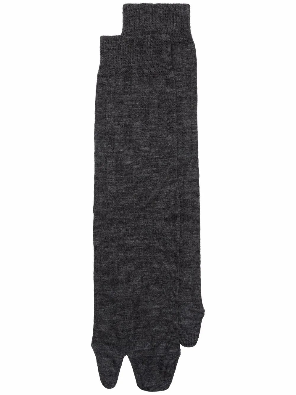 Pair of dark gray womens Tabi socks on a white background