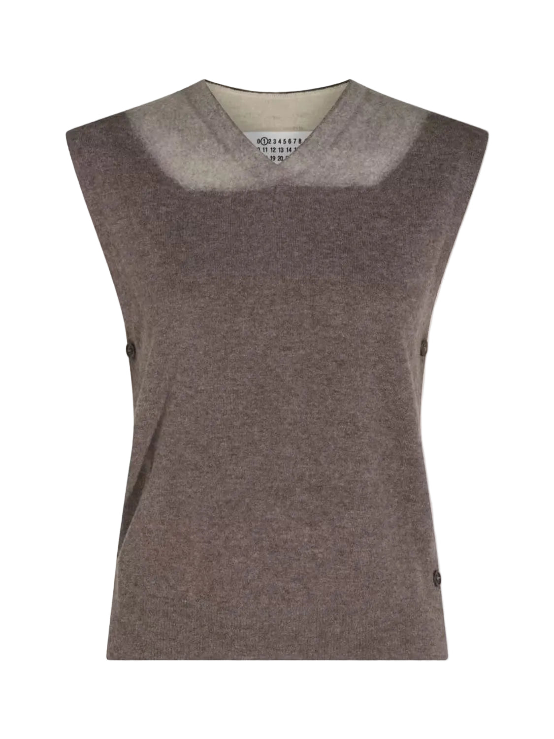 Maison Margiela Fused Knit Stole in Mud Ecru shown from the front, featuring a V-neck, sleeveless shape, contrast neckline detail and side buttons.