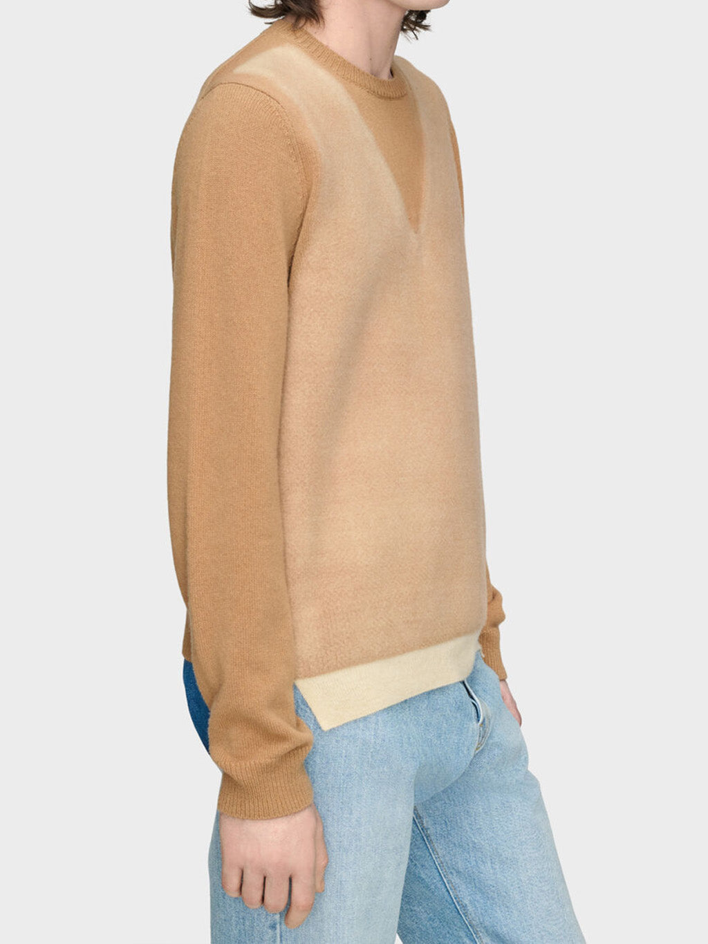Maison Margiela Fused Knit Wool Crewneck Sweater camel, side view on model showing silhouette and ecru contrast hem band