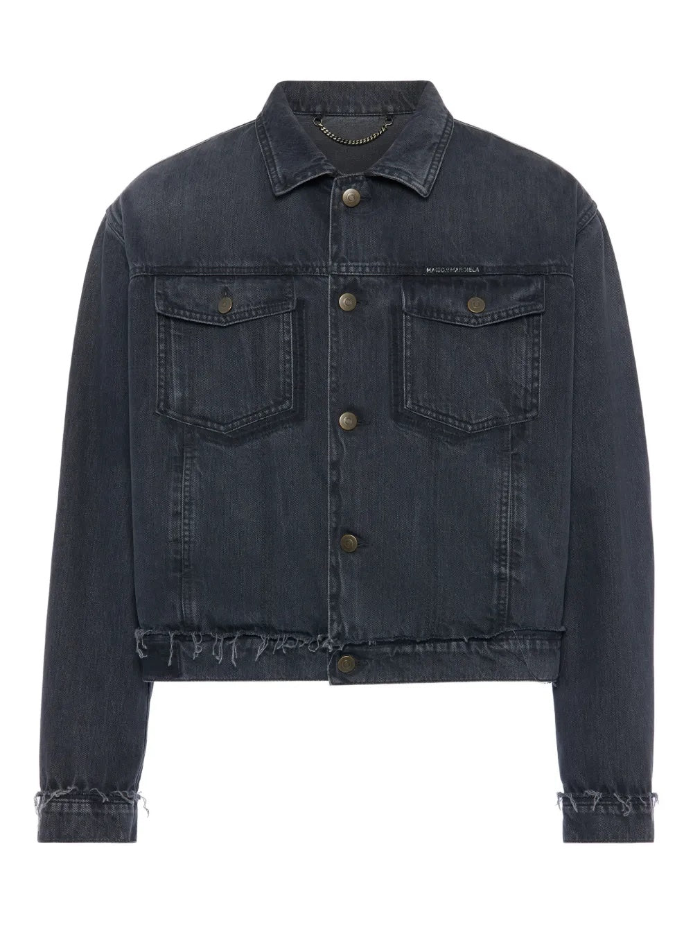 Front view of the Maison Margiela men’s sports jacket in washed black denim on a white background, featuring a collar, front button closure, distressed finish, and cropped hem.