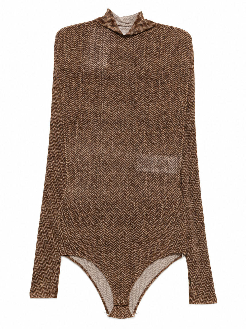 Maison Margiela Printed Herringbone Bodysuit in Brown with high neck, long sleeves and all-over herringbone pattern.