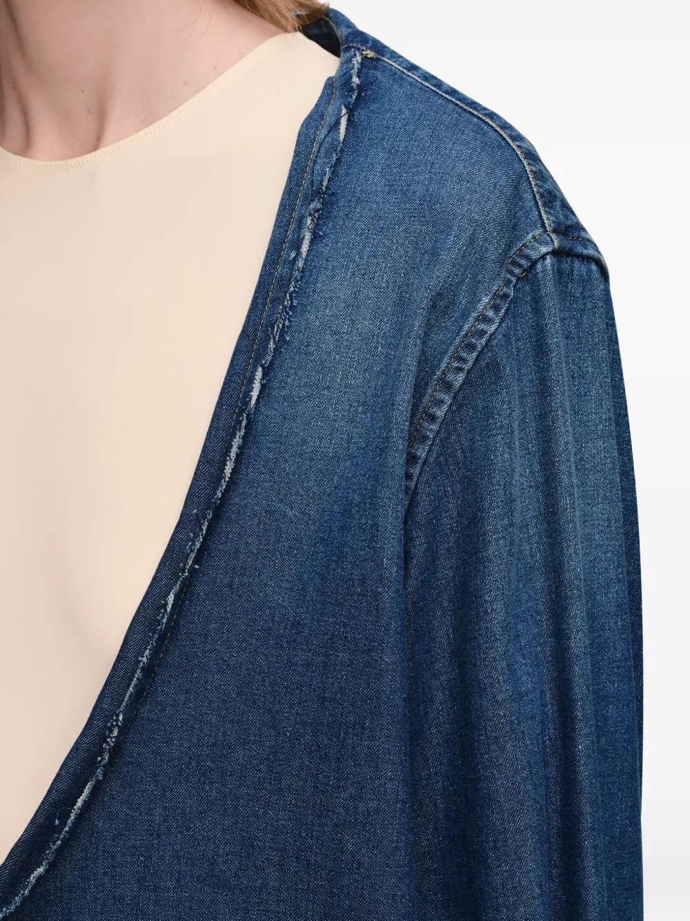 Maison Margiela V-Neck Long-Sleeved Shirt in medium blue - close-up of exposed raw seam and deconstructed neckline construction