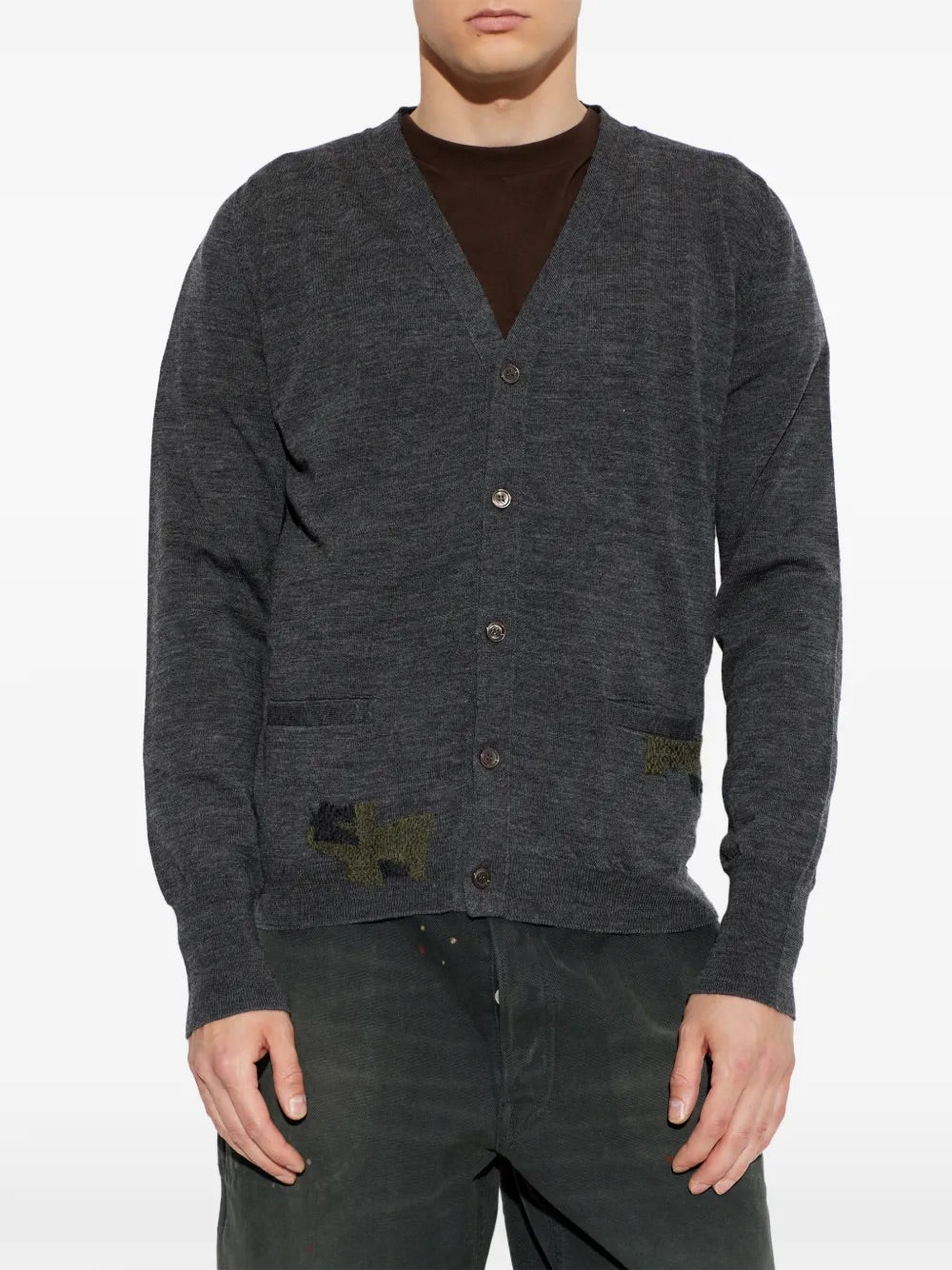 Front view of the Maison Margiela Mended Cardigan in Grey
