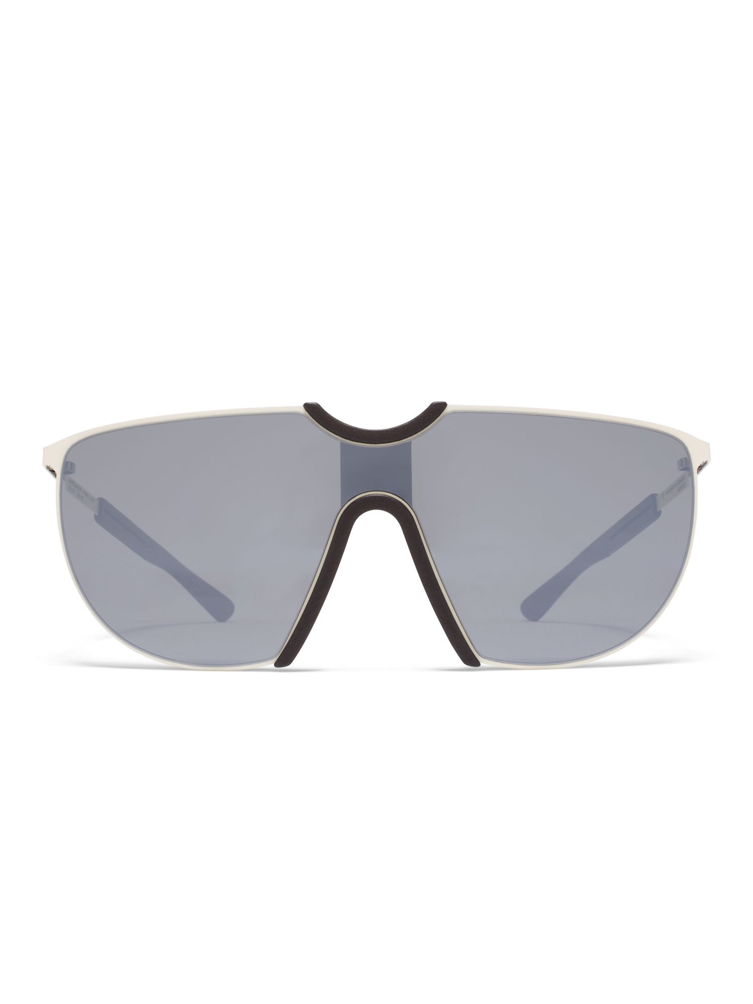 MYKITA Aloe MH12 Sunglasses in Ebony Brown Off White Silver Flash with shield-style visor lens, lightweight stainless steel frame and dark brown bridge detail