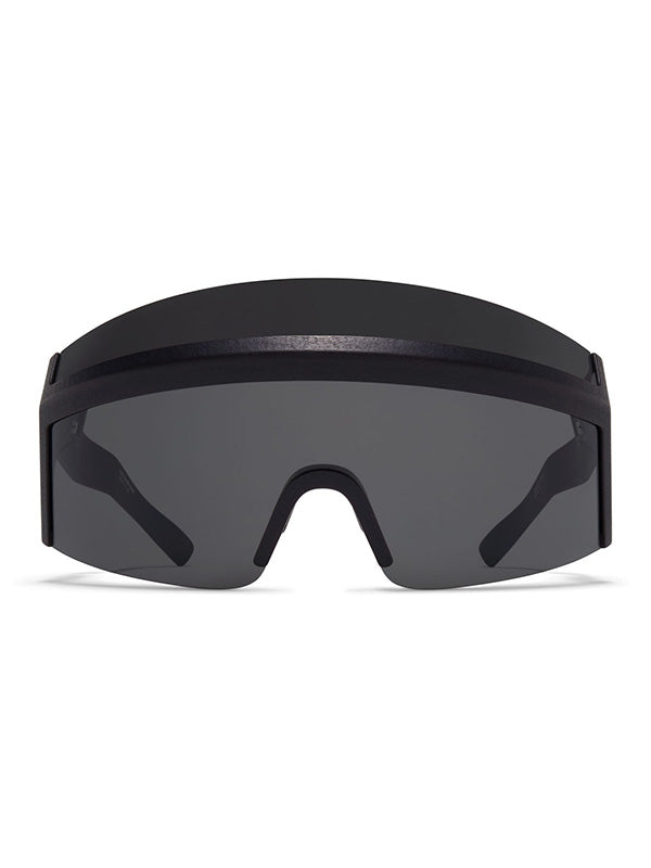 Mykita SATORI Sunglasses in black, front view showing oversized single-lens visor silhouette with wide matte black brow bar, dark grey shield lens, and notched nose bridge